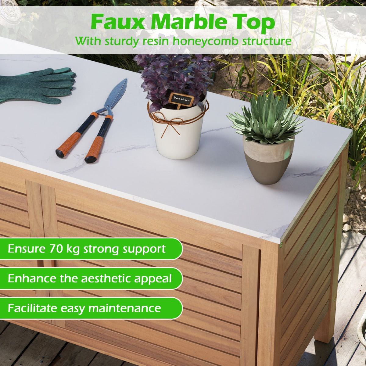 LIVSK Tuinopbergkast - Kunstmarmeren Blad - Flexibele Planken - Massief Acaciahout - Tot 70 kg - 109 x 40 x 60 cm - Natuurlijk/Wit