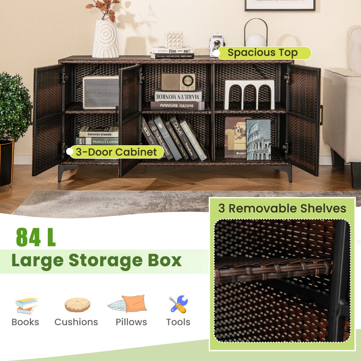 LIVSK PE Geweven Hars Opbergbox 318L - Duurzaam Metalen Frame - Afneembare Planken - Waterdicht - Anti-kantelbeveiliging -