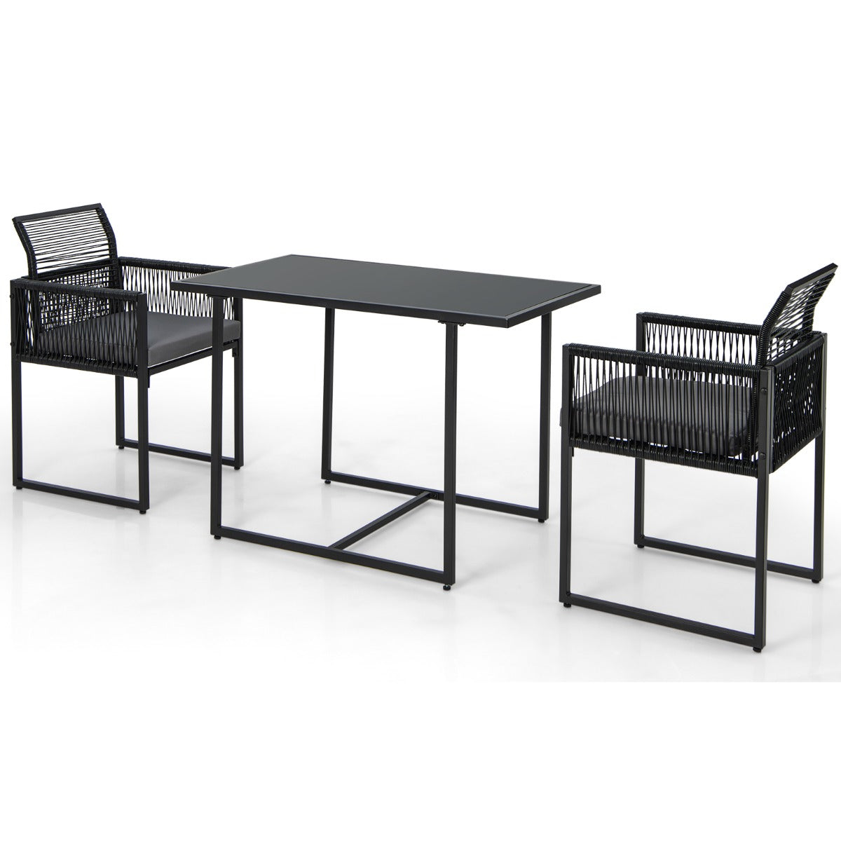 LIVSK 3-delige Terras-eetset - Ruime Tafel van Gehard Glas 108 cm - Comfortabele Stoelen met Kussens - Ruimtebesparend - Zwart