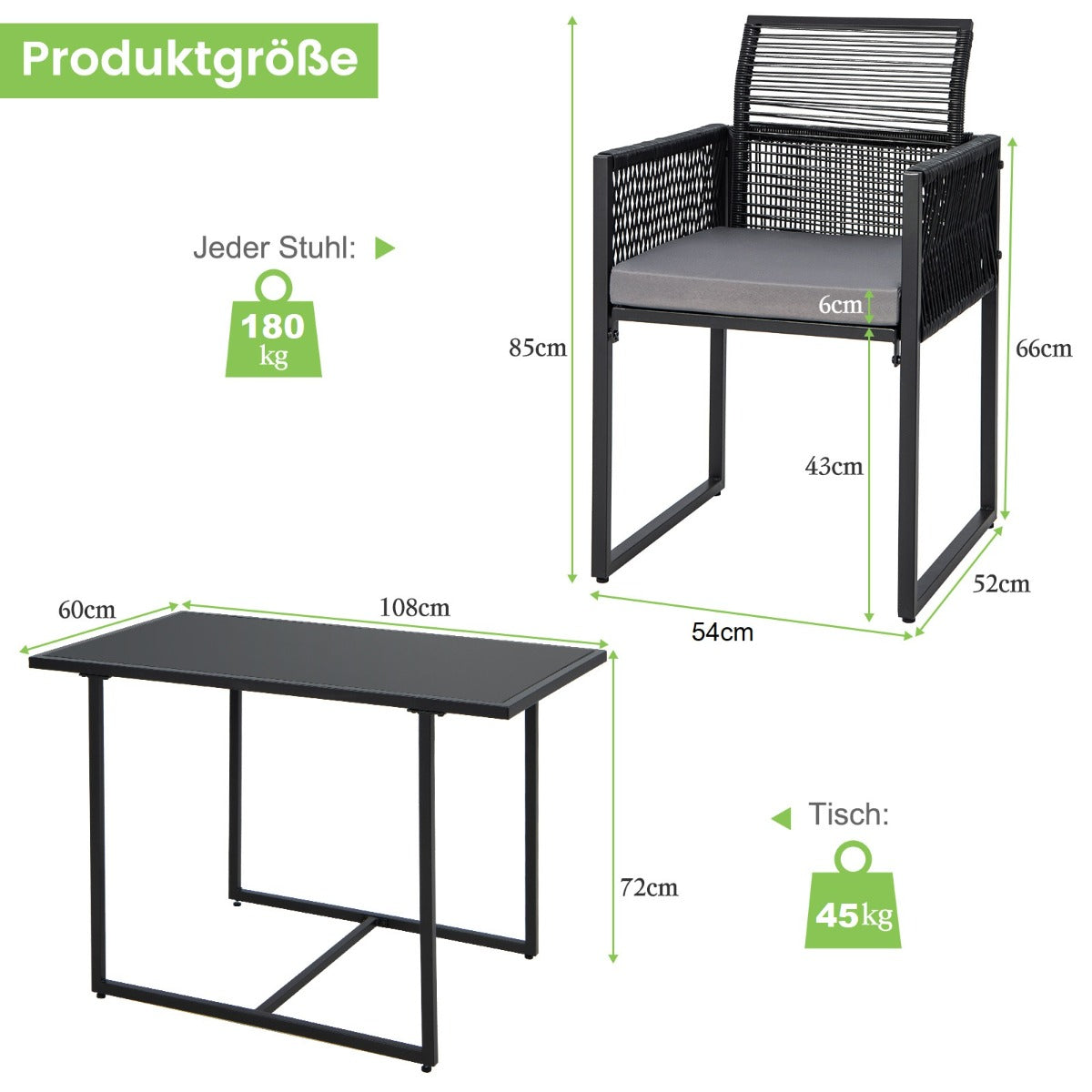 LIVSK 3-delige Terras-eetset - Ruime Tafel van Gehard Glas 108 cm - Comfortabele Stoelen met Kussens - Ruimtebesparend - Zwart