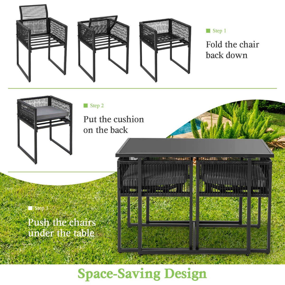 LIVSK 3-delige Terras-eetset - Ruime Tafel van Gehard Glas 108 cm - Comfortabele Stoelen met Kussens - Ruimtebesparend - Zwart