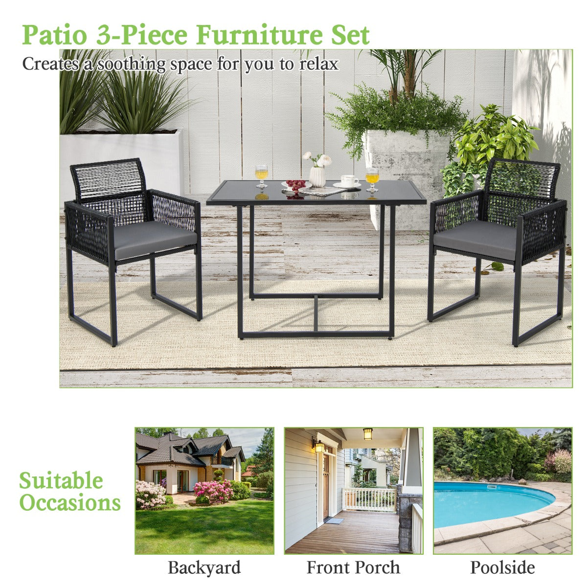 LIVSK 3-delige Terras-eetset - Ruime Tafel van Gehard Glas 108 cm - Comfortabele Stoelen met Kussens - Ruimtebesparend - Zwart