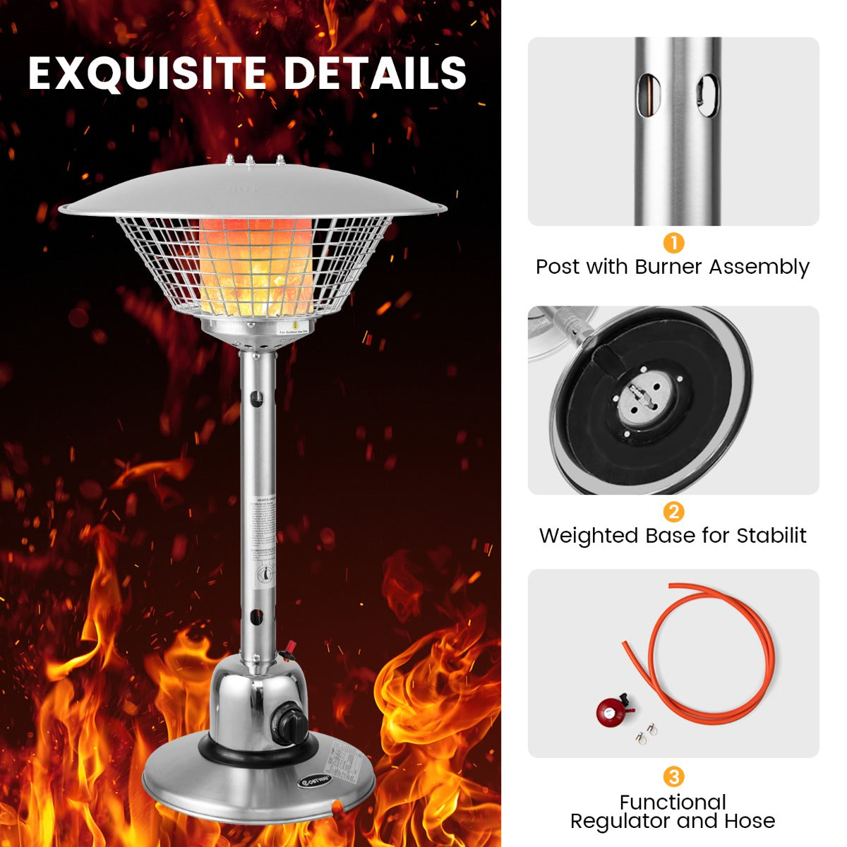 Livsk costway terrasverwarming gas warmtestraler draagbare tafelverwarming met max 4000 w verwarmingsvermogen evenals omval en oververhittingsbeveiliging 5