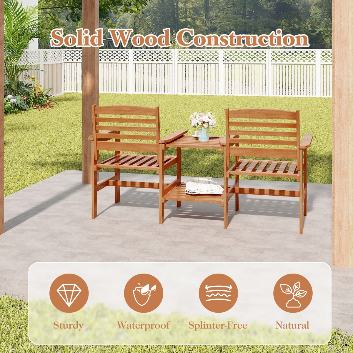 LIVSK Weerbestendige Tuinzitset - Massief Hout - Ergonomisch Comfort - Tafel met Parasolgat - 159,5 x 61,5 x 88 cm - Natuurlijk