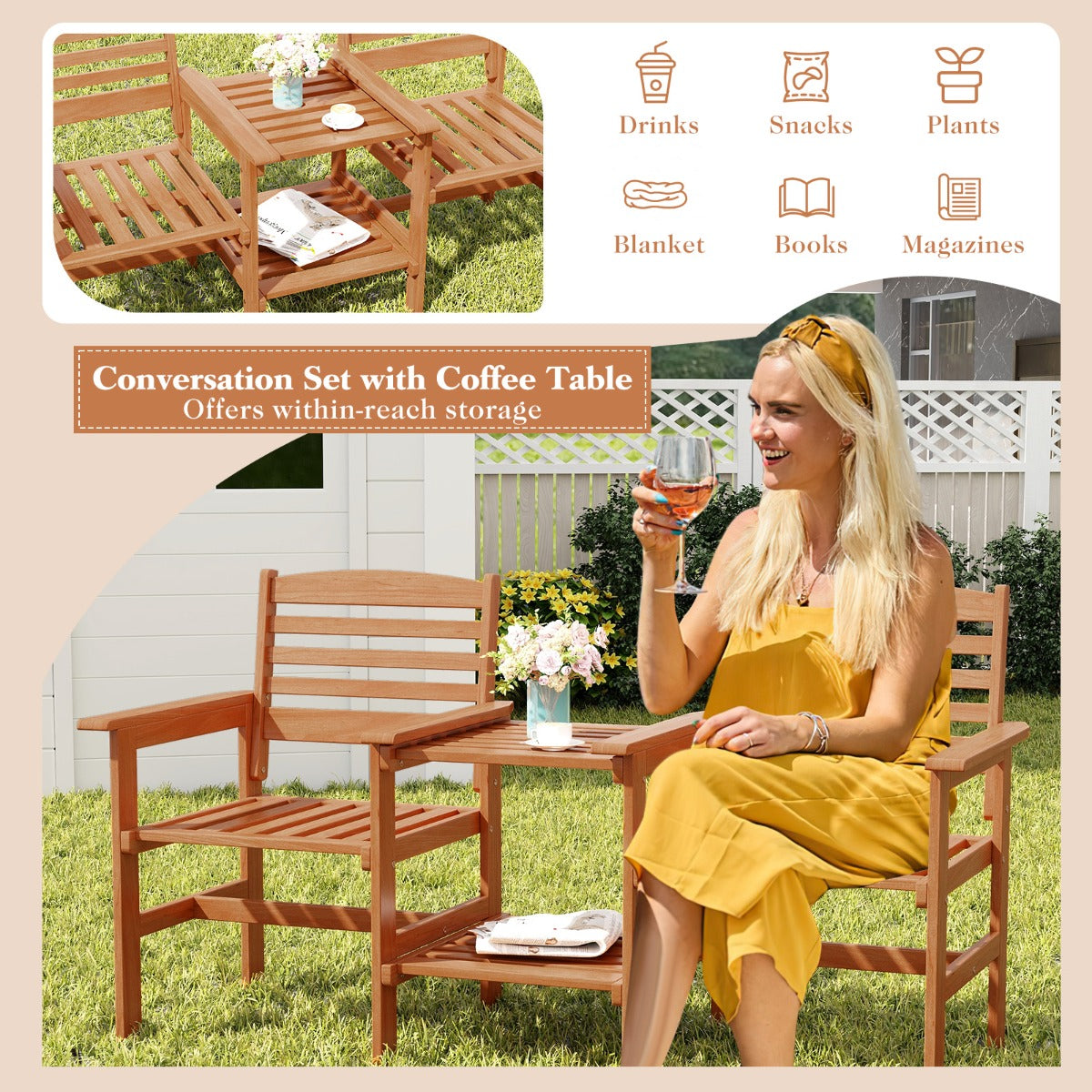 LIVSK Weerbestendige Tuinzitset - Massief Hout - Ergonomisch Comfort - Tafel met Parasolgat - 159,5 x 61,5 x 88 cm - Natuurlijk
