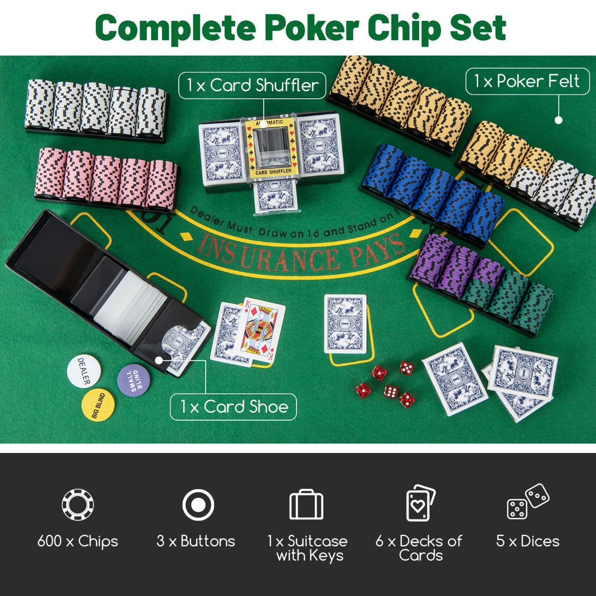 LIVSK Casino Poker Set - 600 Chips - 6 Kaartdecks - 5 Dobbelstenen - Dealerknoppen - Inclusief Koffer - Zwart