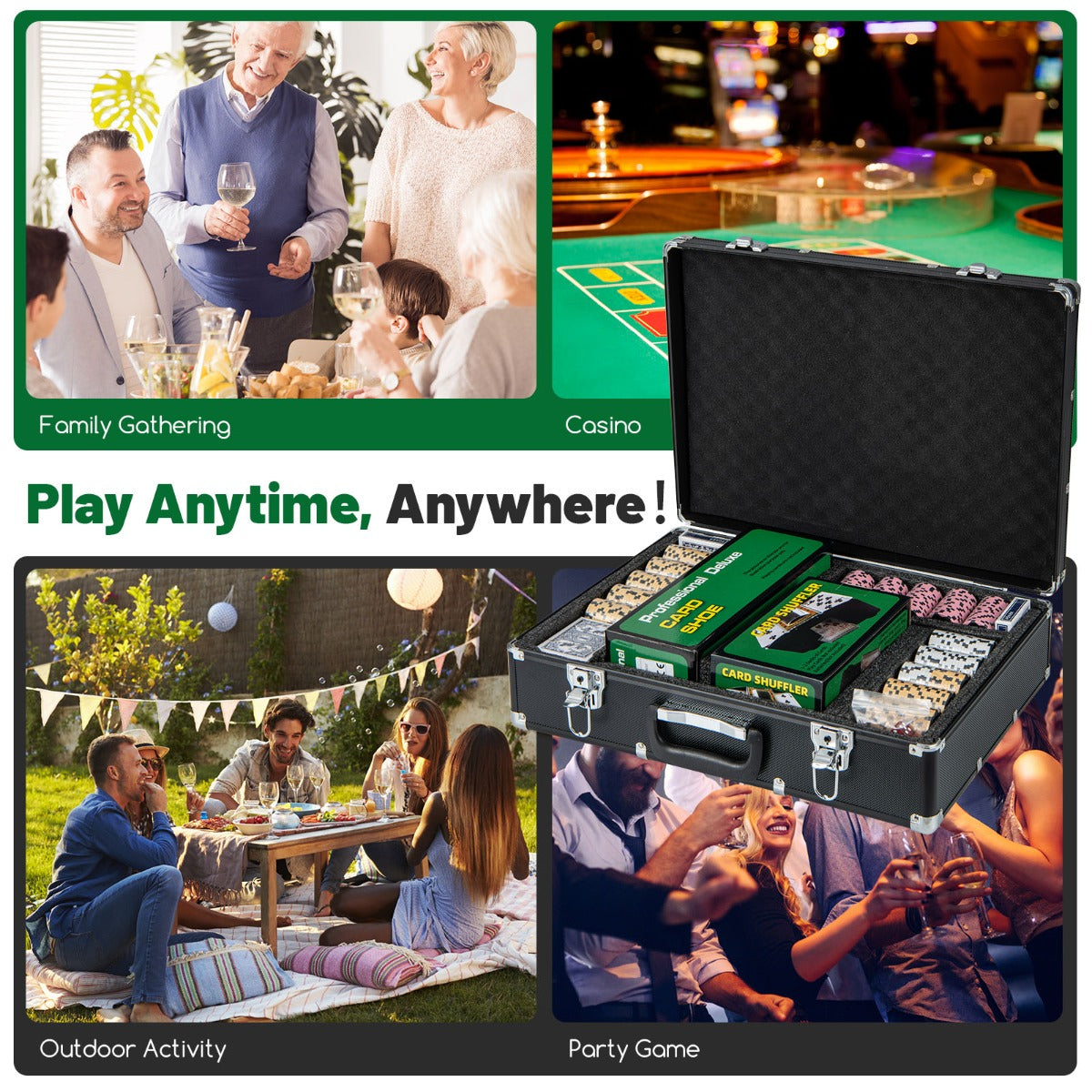 LIVSK Casino Poker Set - 600 Chips - 6 Kaartdecks - 5 Dobbelstenen - Dealerknoppen - Inclusief Koffer - Zwart