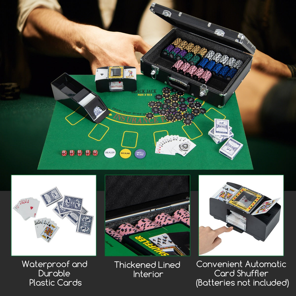 LIVSK Casino Poker Set - 600 Chips - 6 Kaartdecks - 5 Dobbelstenen - Dealerknoppen - Inclusief Koffer - Zwart