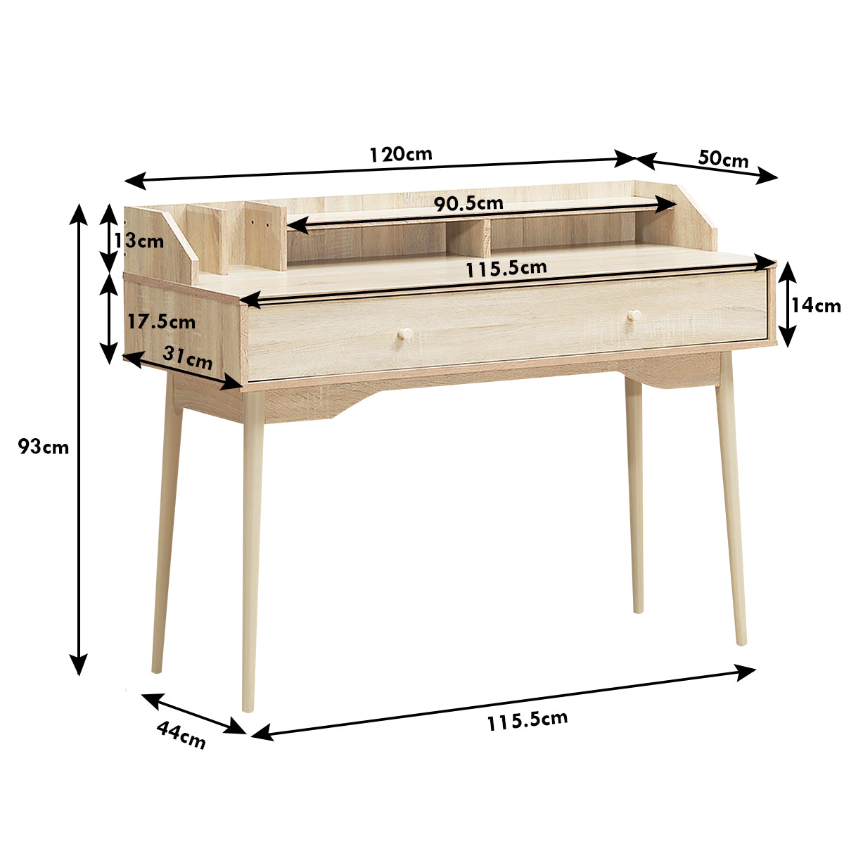 LIVSK Schrijftafel - Ruim Tafelblad - Grote Lade - Boekenplank - Stevige Rubberhouten Poten - 120 x 50 x 93 cm - Zoals afgebeeld