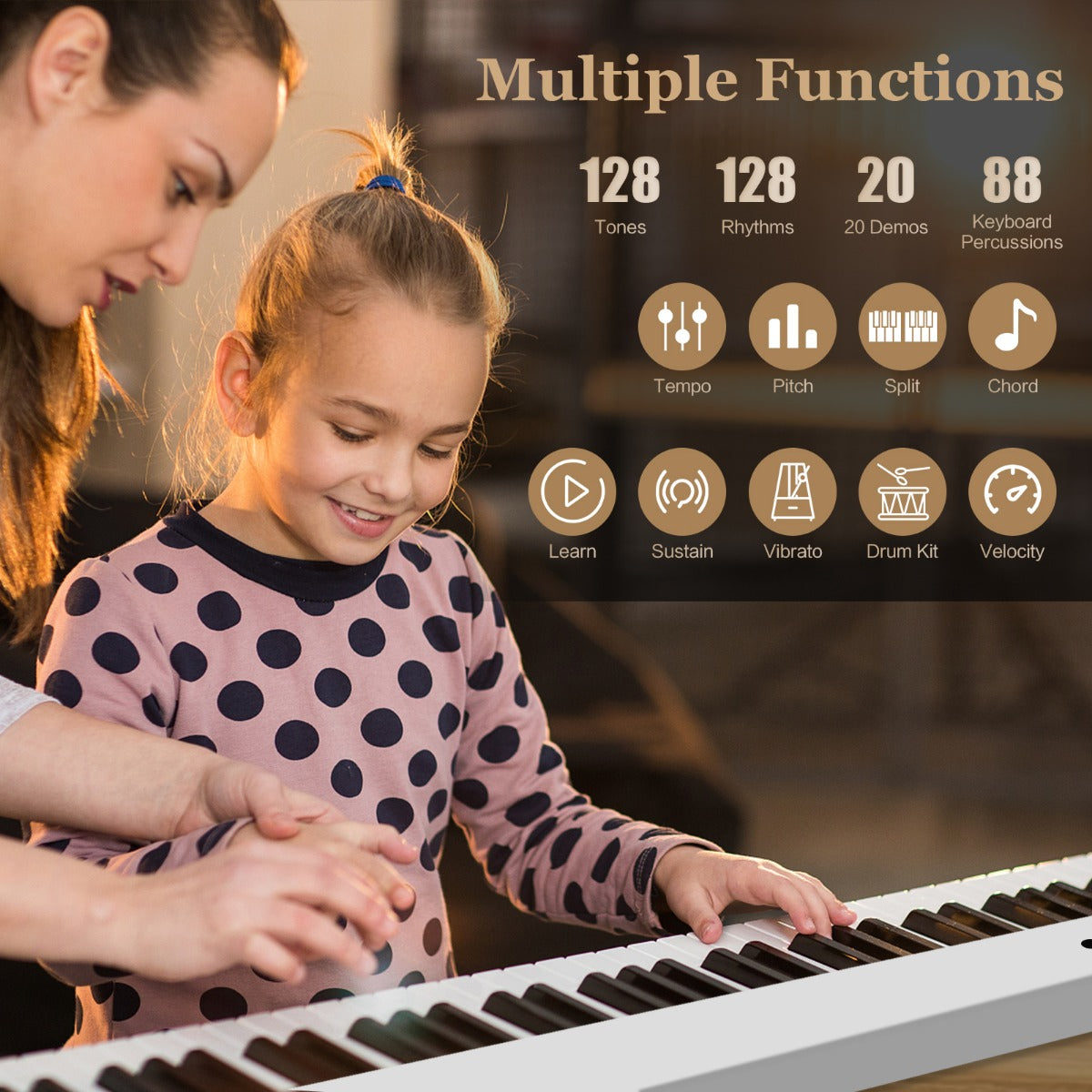 LIVSK Digitale Piano met Toetsenbord - 128 Tonen, 128 Ritmes, 20 Demo's - Inklapbaar met Draagtas - Wit