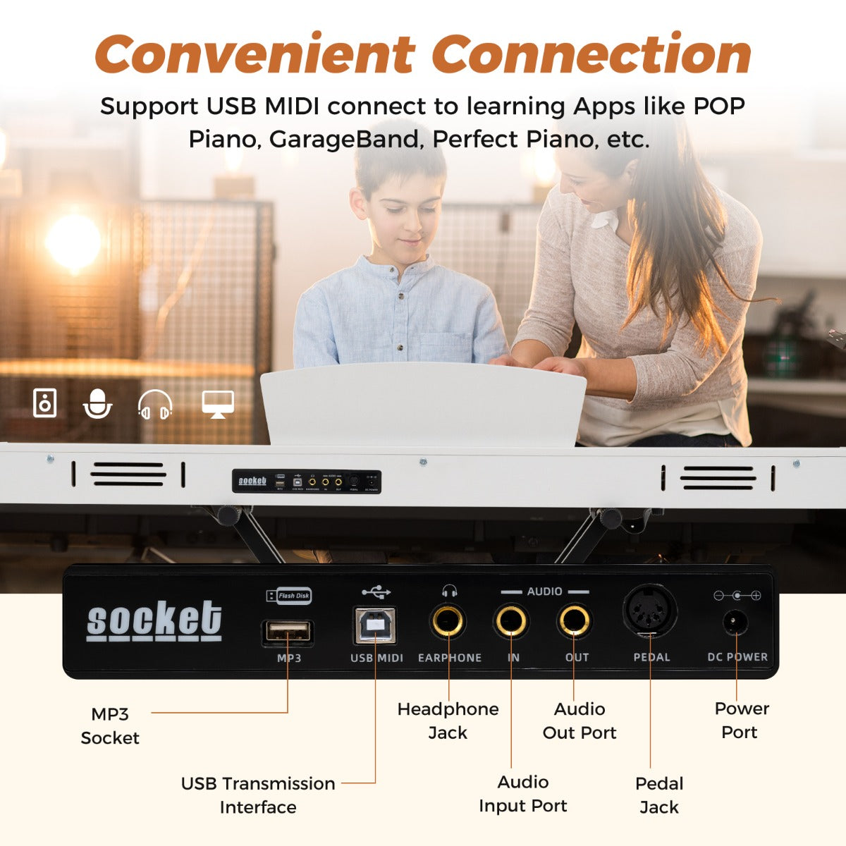 LIVSK Elektrische Piano - 88 Semi-gewogen Toetsen - 800 Klankkleuren - Duo-modus - Verstelbare Standaard - Bruin/Zwart/Wit