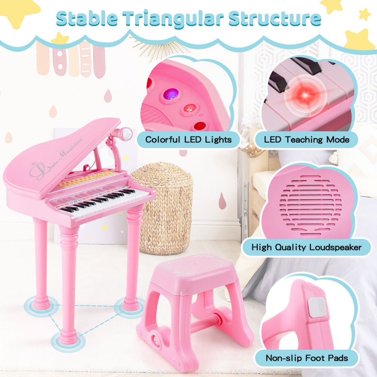LIVSK Speelgoedpiano Toetsenbord voor Kinderen - 31 Toetsen, LED-Leermodi, Karaoke, Opnamefunctie - Inclusief Microfoon - Roze