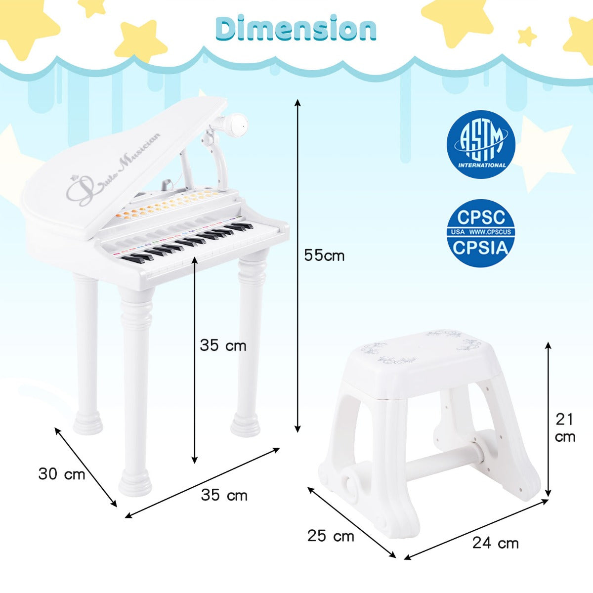 LIVSK Multifunctioneel Pianotoetsenbord voor Kinderen - 31 Toetsen - 22 Demosongs - LED-Leermodus - Inclusief Kruk en Microfoon -