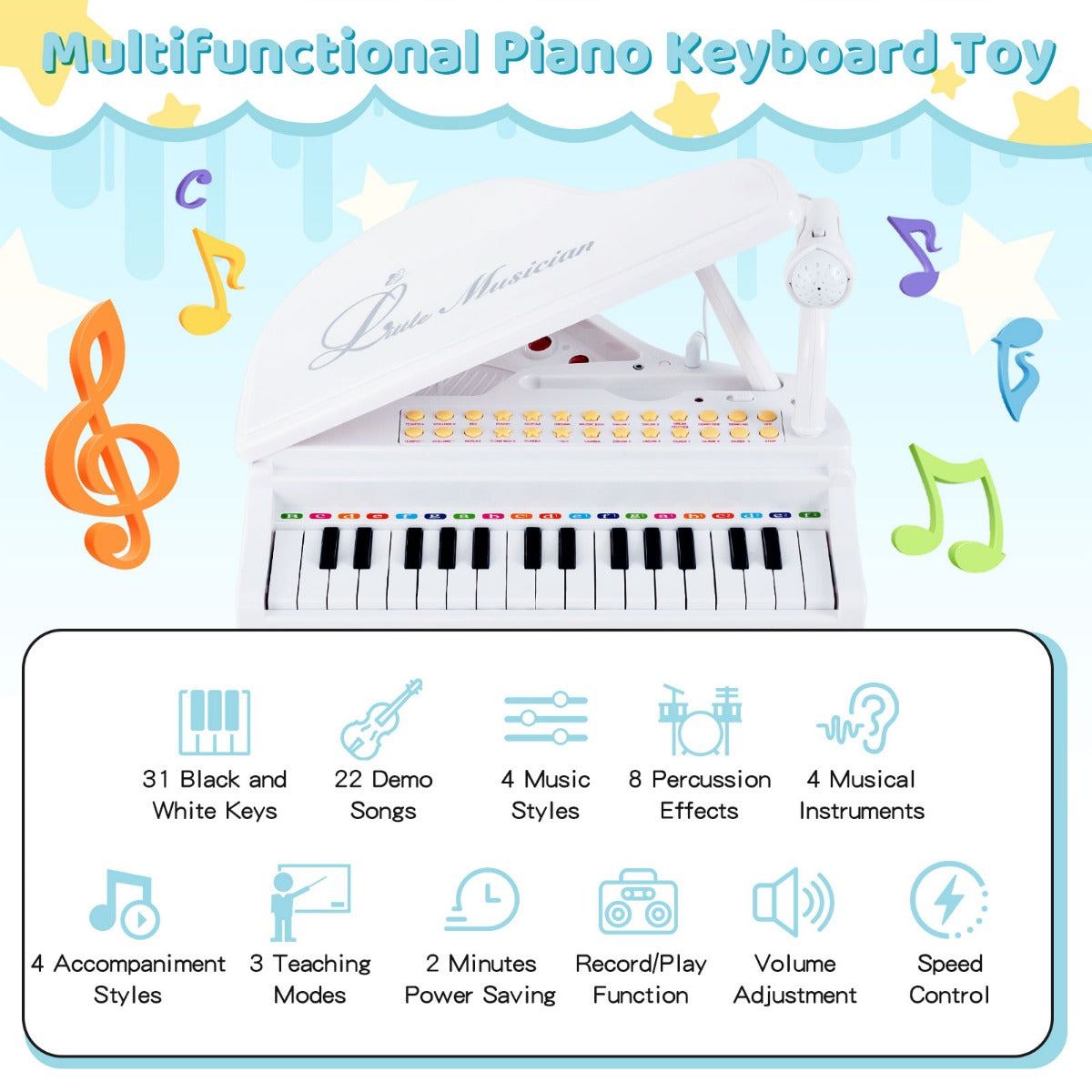 LIVSK Multifunctioneel Pianotoetsenbord voor Kinderen - 31 Toetsen - 22 Demosongs - LED-Leermodus - Inclusief Kruk en Microfoon -