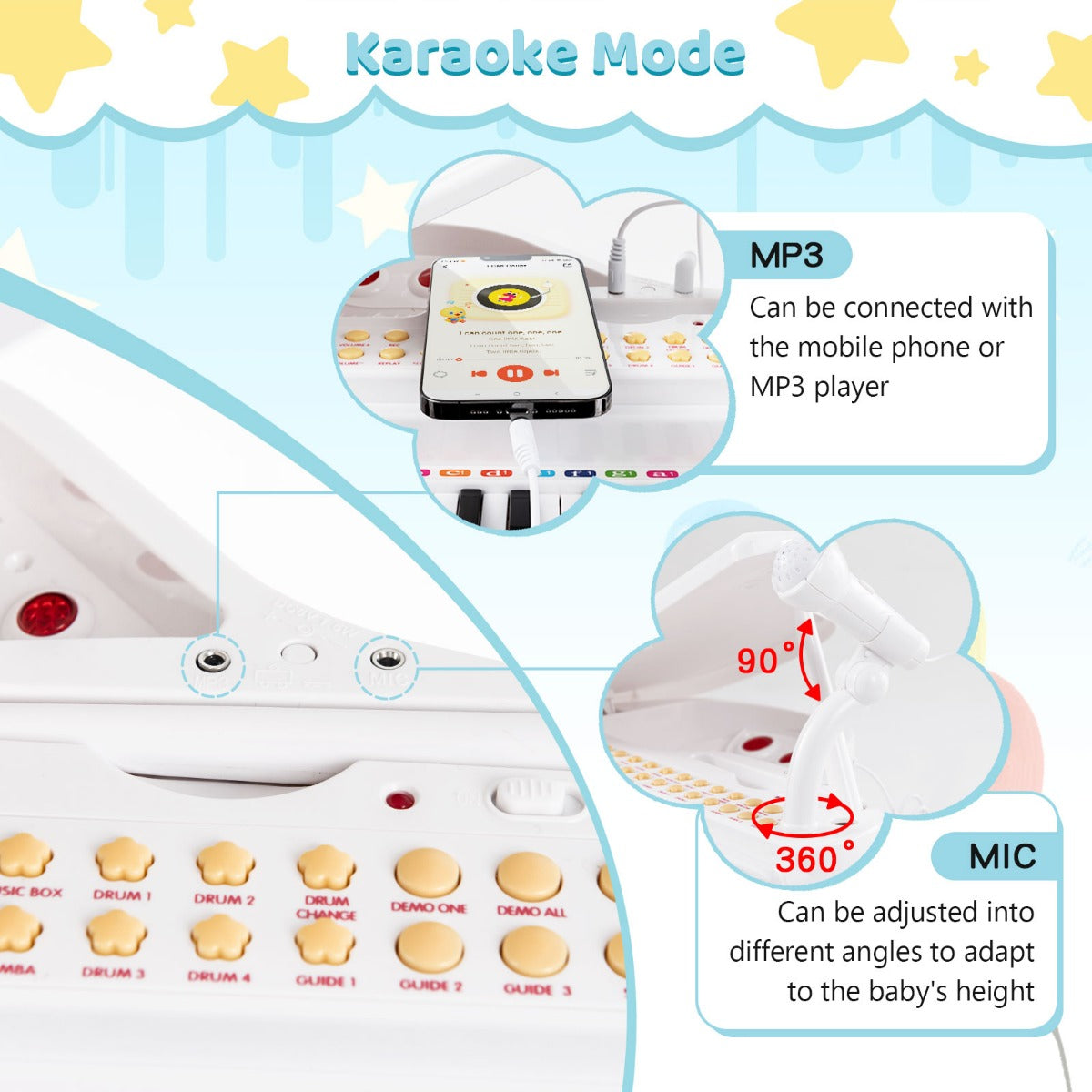 LIVSK Multifunctioneel Pianotoetsenbord voor Kinderen - 31 Toetsen - 22 Demosongs - LED-Leermodus - Inclusief Kruk en Microfoon -