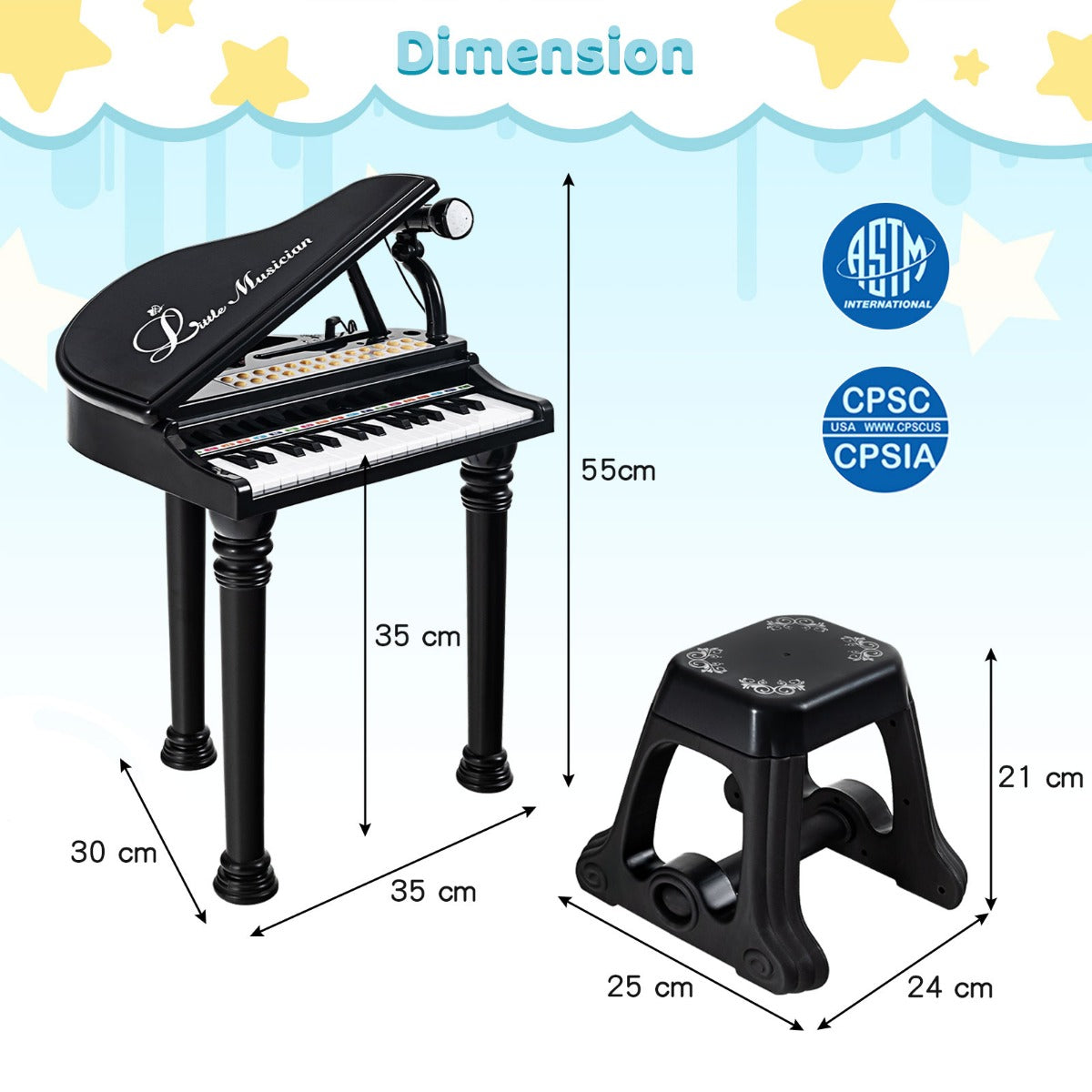 LIVSK Multifunctionele Speelgoedpiano voor Kinderen - 31 Toetsen - 22 Demosongs - LED-Leermodus - Inclusief Kruk en Microfoon -