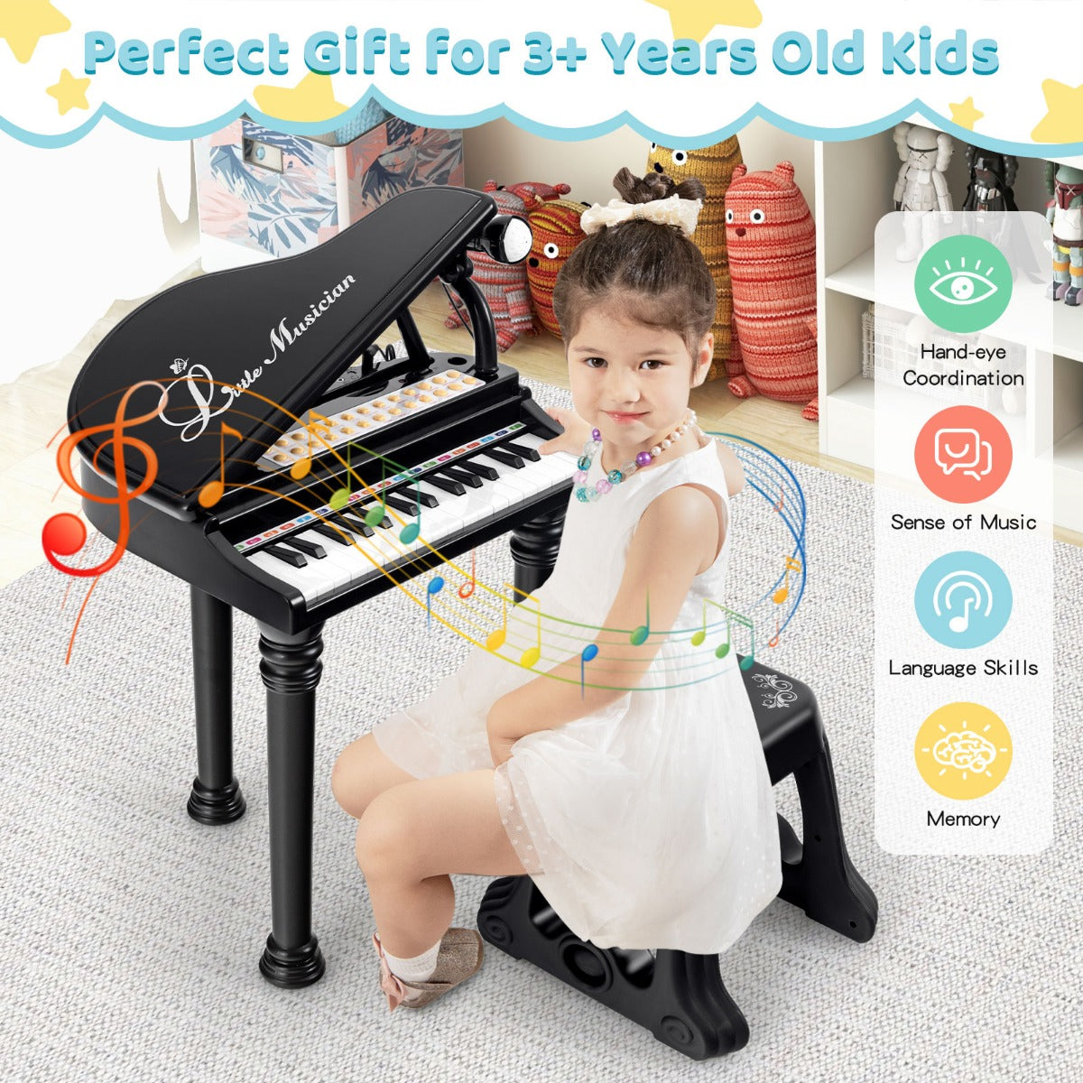 LIVSK Multifunctionele Speelgoedpiano voor Kinderen - 31 Toetsen - 22 Demosongs - LED-Leermodus - Inclusief Kruk en Microfoon -