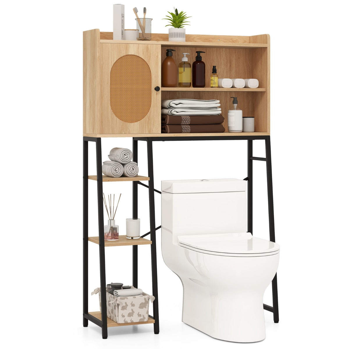 LIVSK Toiletrek met PE-Rotan Deur - Verstelbare Plank - 1 Kast en 3 Open Planken - Ruimtebesparend - Natuur