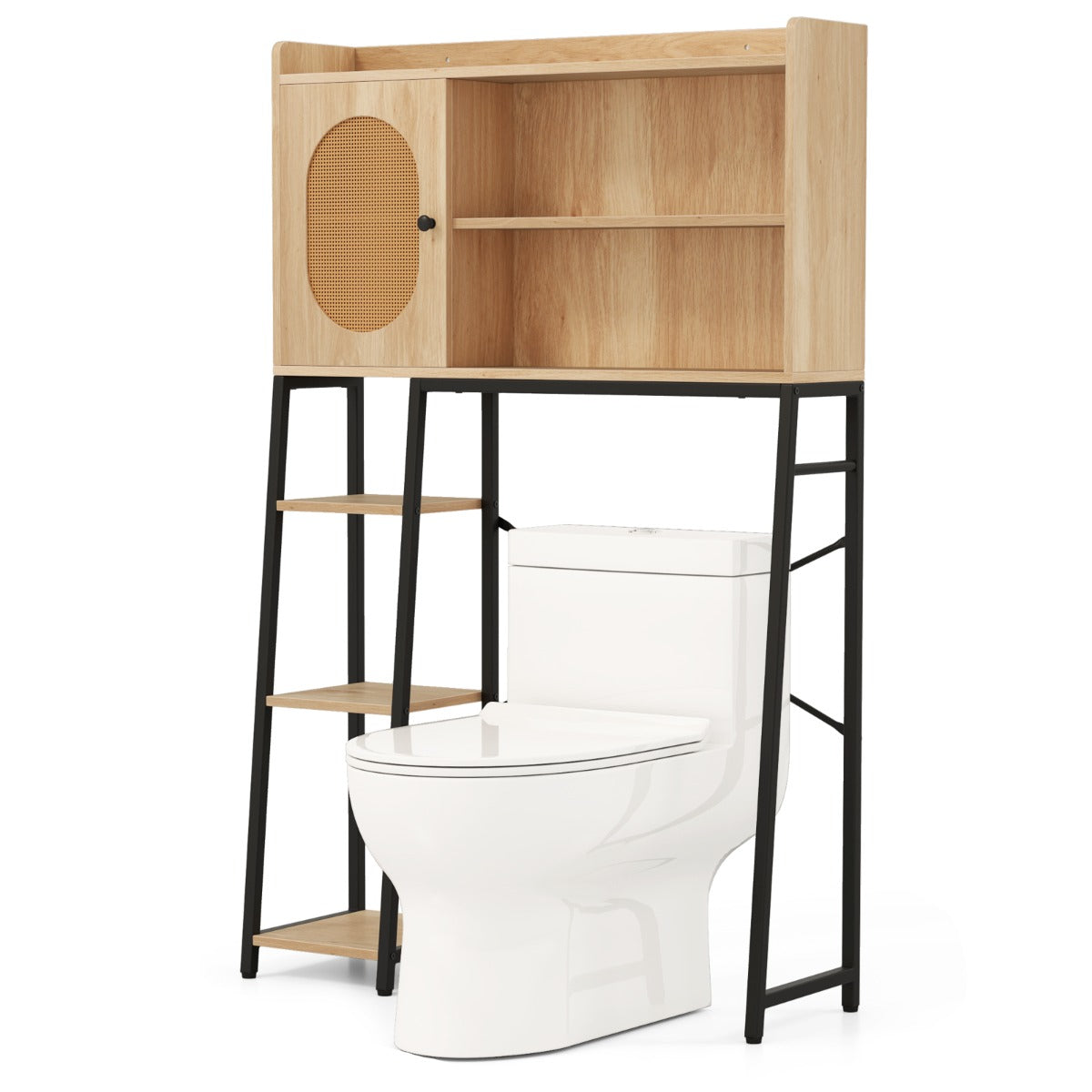 LIVSK Toiletrek met PE-Rotan Deur - Verstelbare Plank - 1 Kast en 3 Open Planken - Ruimtebesparend - Natuur
