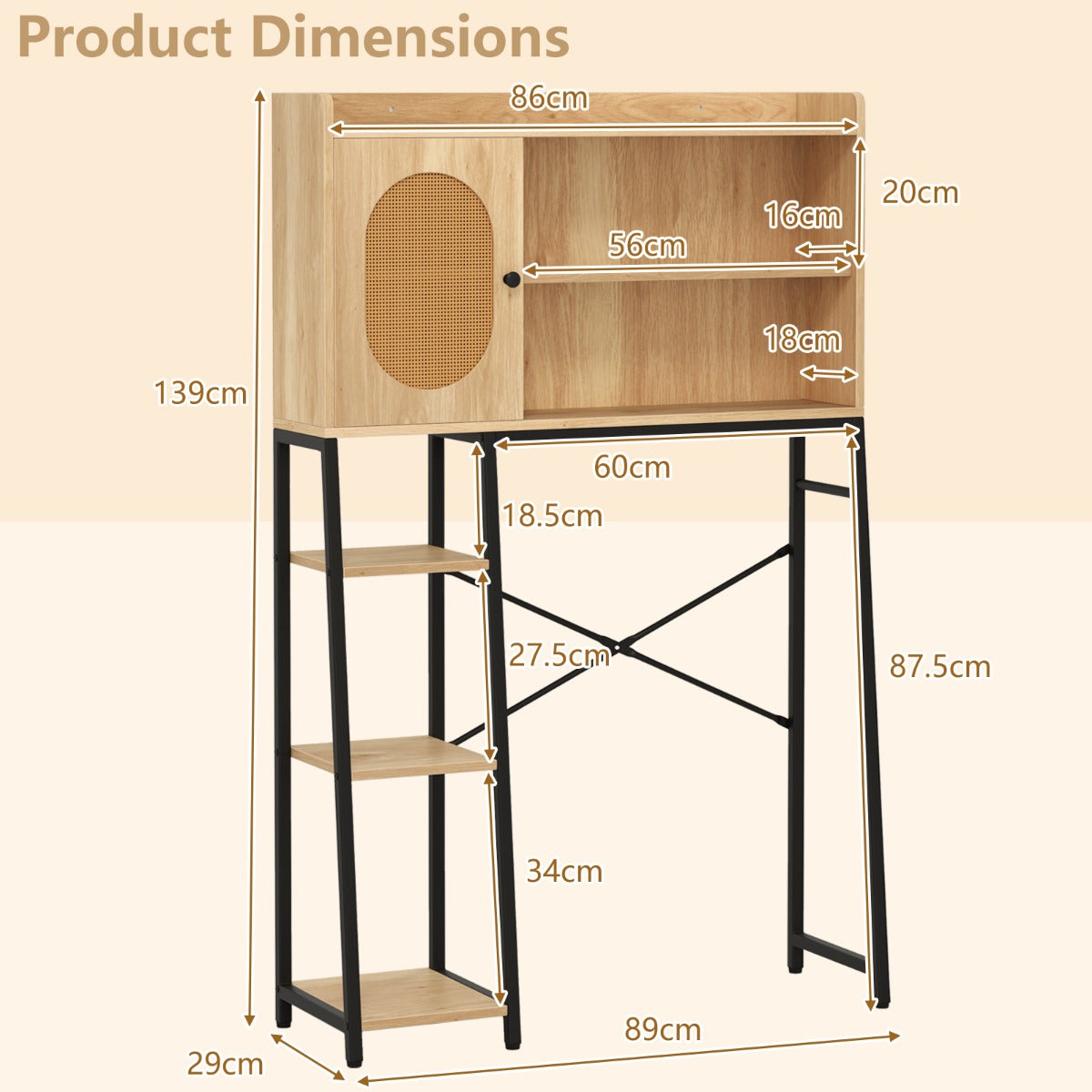 LIVSK Toiletrek met PE-Rotan Deur - Verstelbare Plank - 1 Kast en 3 Open Planken - Ruimtebesparend - Natuur