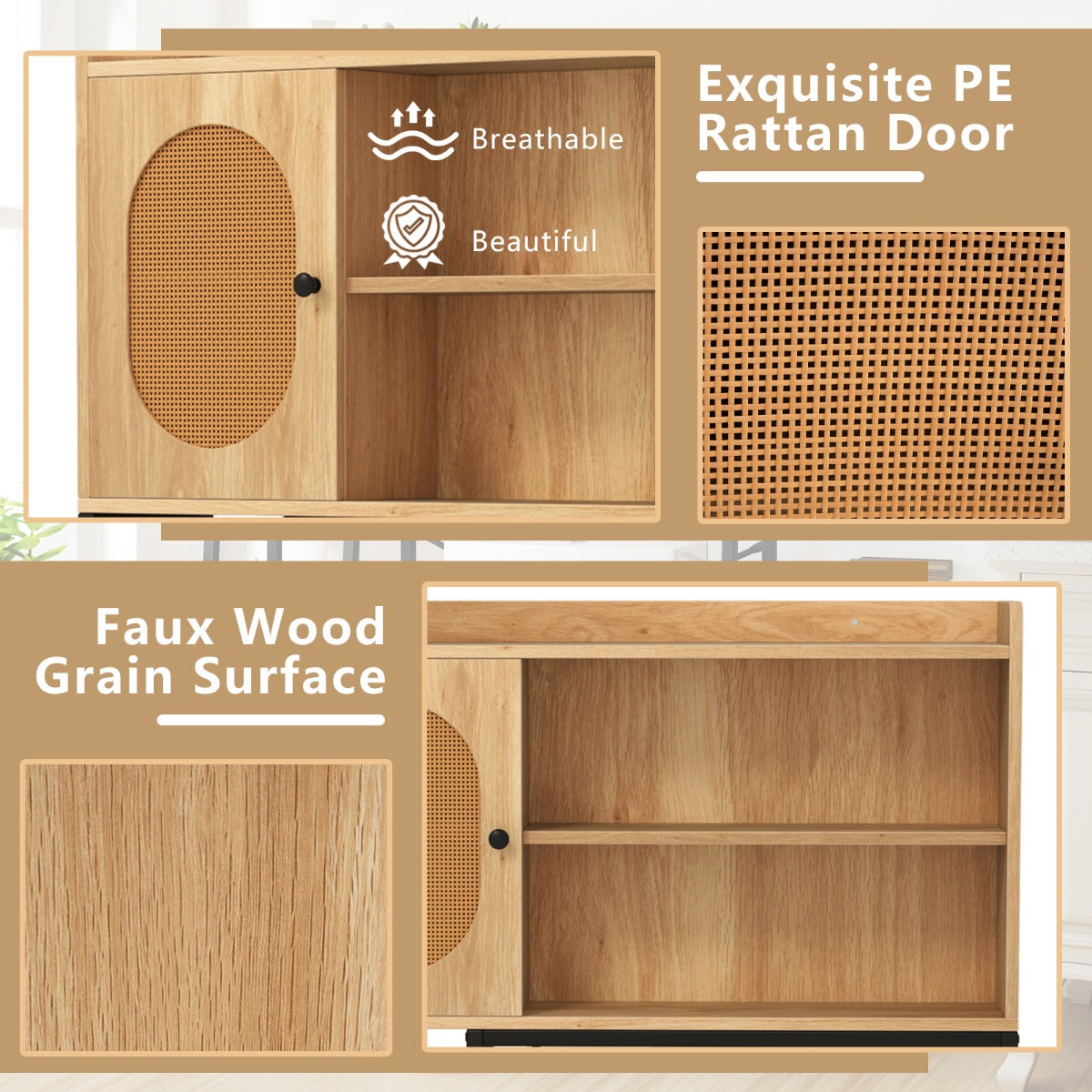 LIVSK Toiletrek met PE-Rotan Deur - Verstelbare Plank - 1 Kast en 3 Open Planken - Ruimtebesparend - Natuur