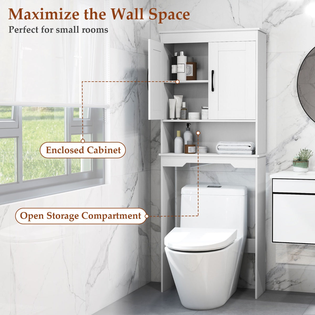 Livsk costway toiletkast wasmachinekast 168 x 63 x 24 cm vrijstaande badkamerkast met verstelbare planken en dubbele deuren 3