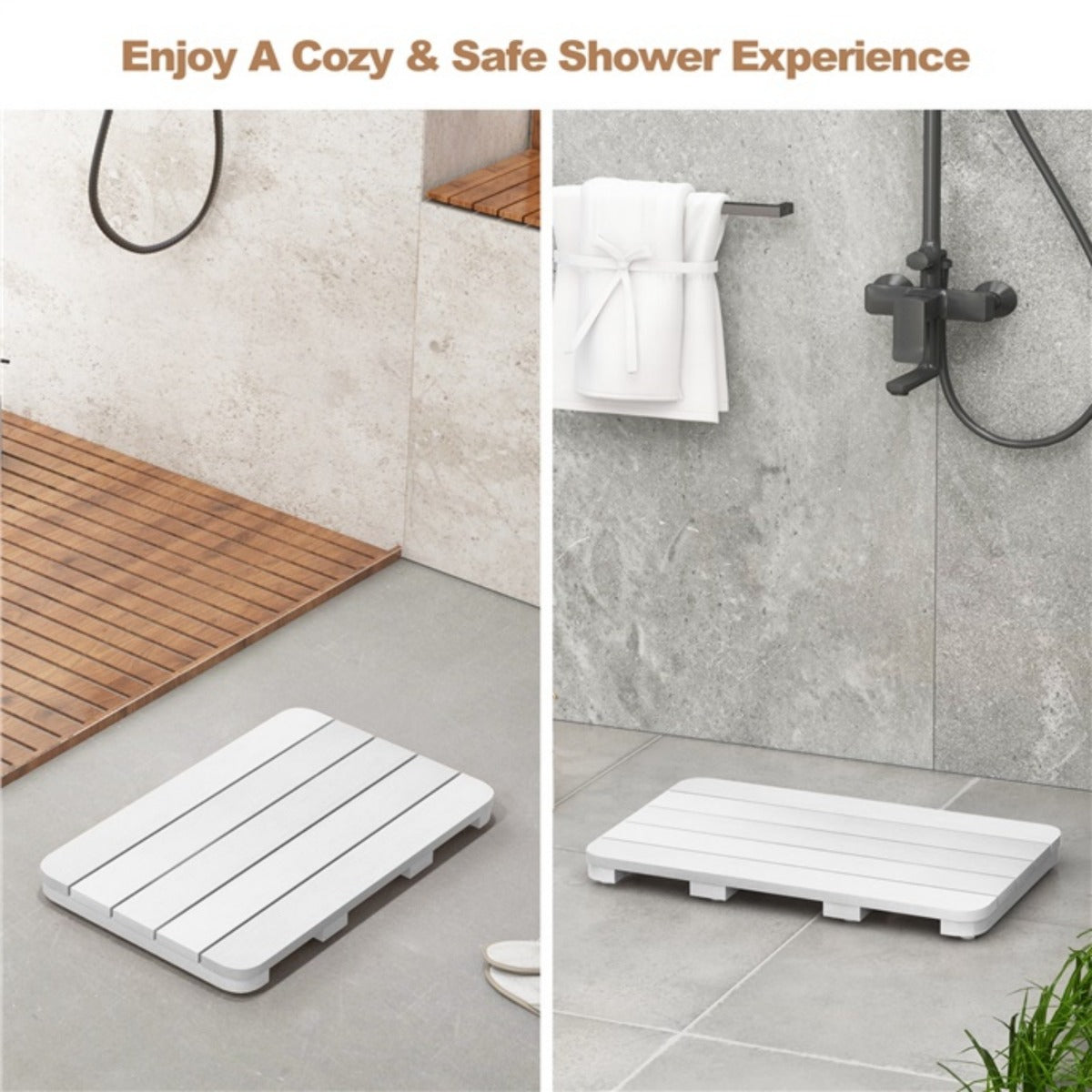 LIVSK Waterdichte Badmat van HIPS - Antislip met Rubberen Kussentjes - Voor Binnen en Buiten - 55 x 34 x 4,5 cm - Bruin/Wit