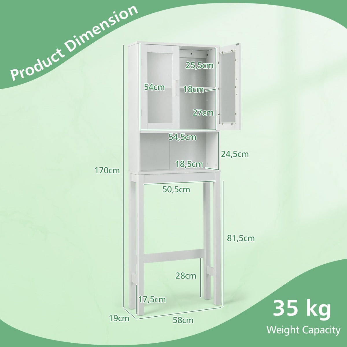 LIVSK Toiletopbergkast - Verstelbare Plank - Ruime Opbergruimte - Muurbevestiging - Duurzaam MDF - 58 x 19 x 170 cm - Wit