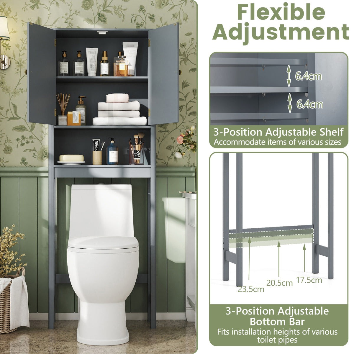 Livsk costway toiletplank toiletplank met verstelbare planken toiletkast met kastje grijs 5 2