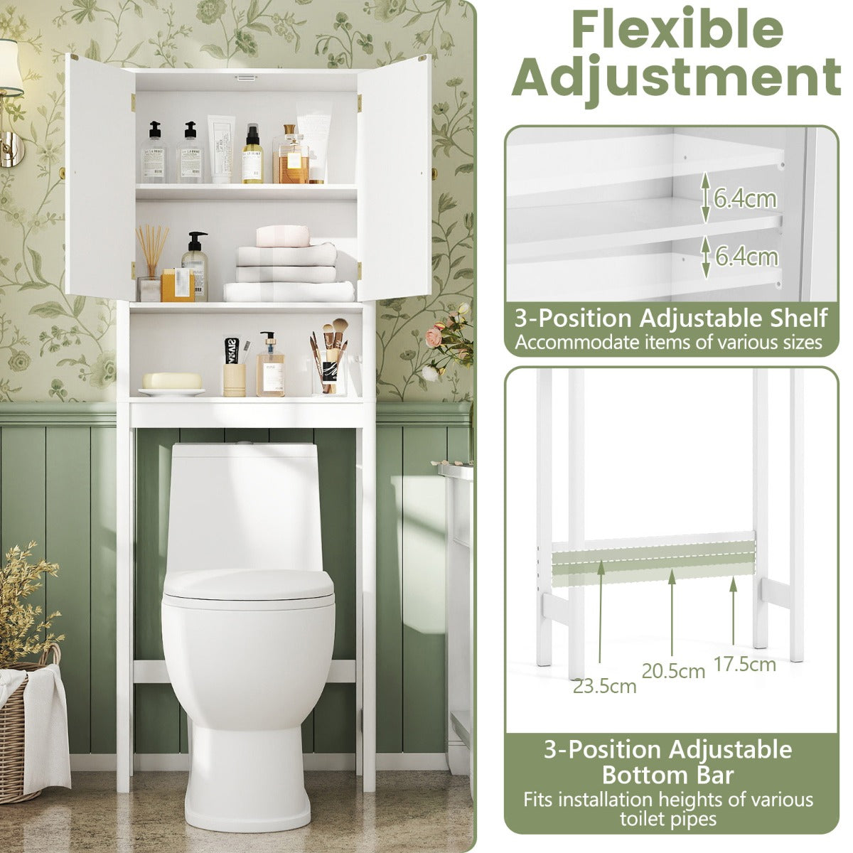Livsk costway toiletplank toiletplank met verstelbare planken toiletkast met kastje wit 4