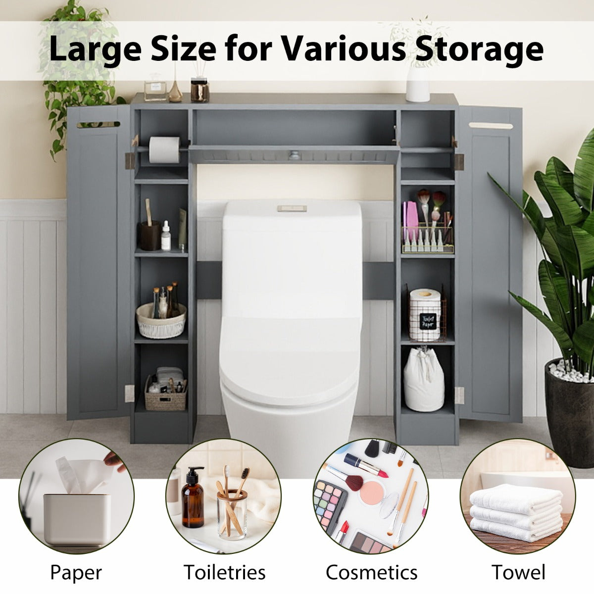 Livsk costway toiletplank vrijstaande wastafelmeubel met verstelbare plank toiletrolhouder grijs 6
