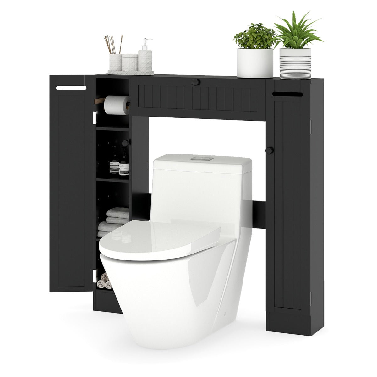 Livsk costway toiletplank vrijstaande wastafelmeubel met verstelbare plank toiletrolhouder zwart