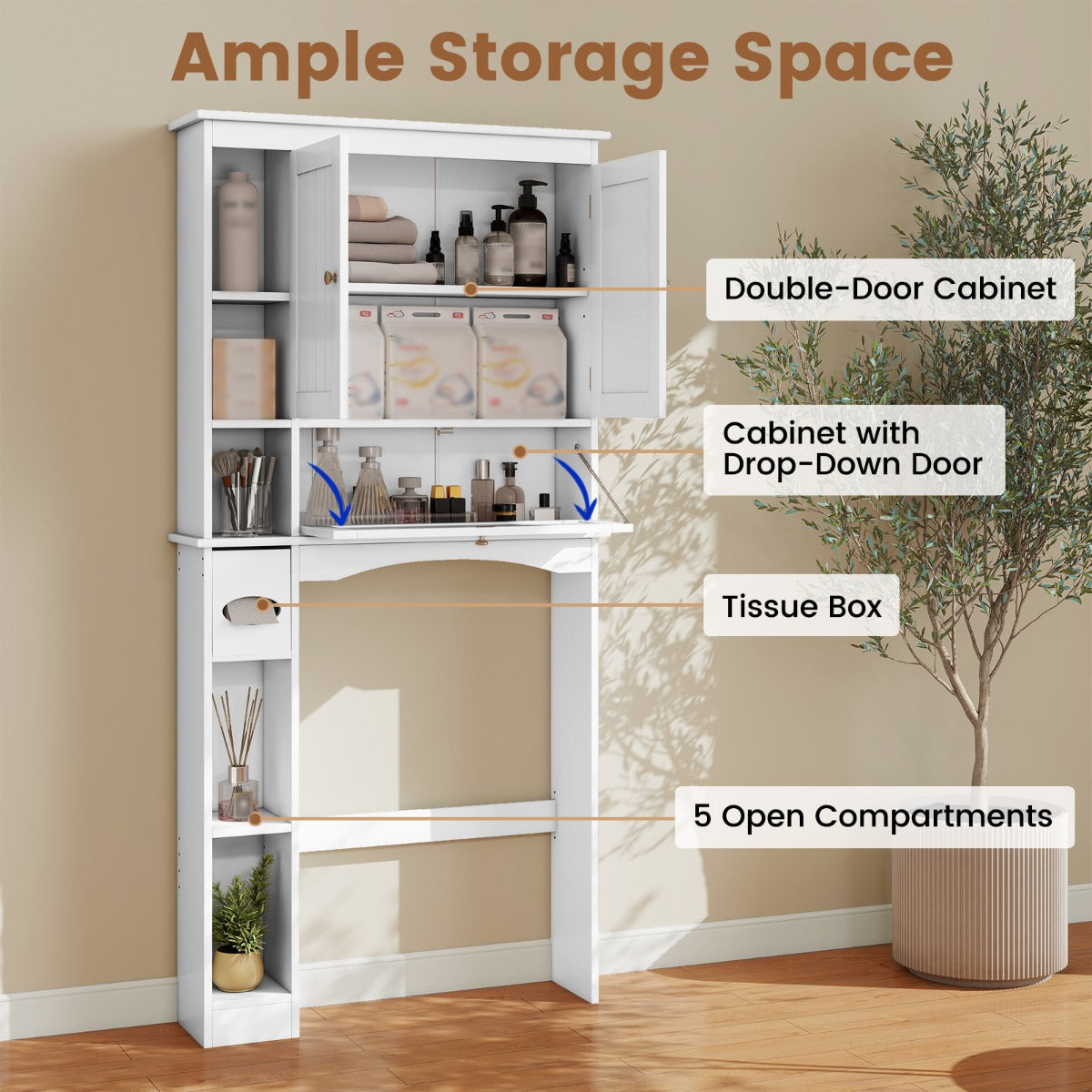 LIVSK Toilettenschrank - Verstelbare Planken - 3 Deuren - Multifunctioneel - Ruimtebesparend - Wit