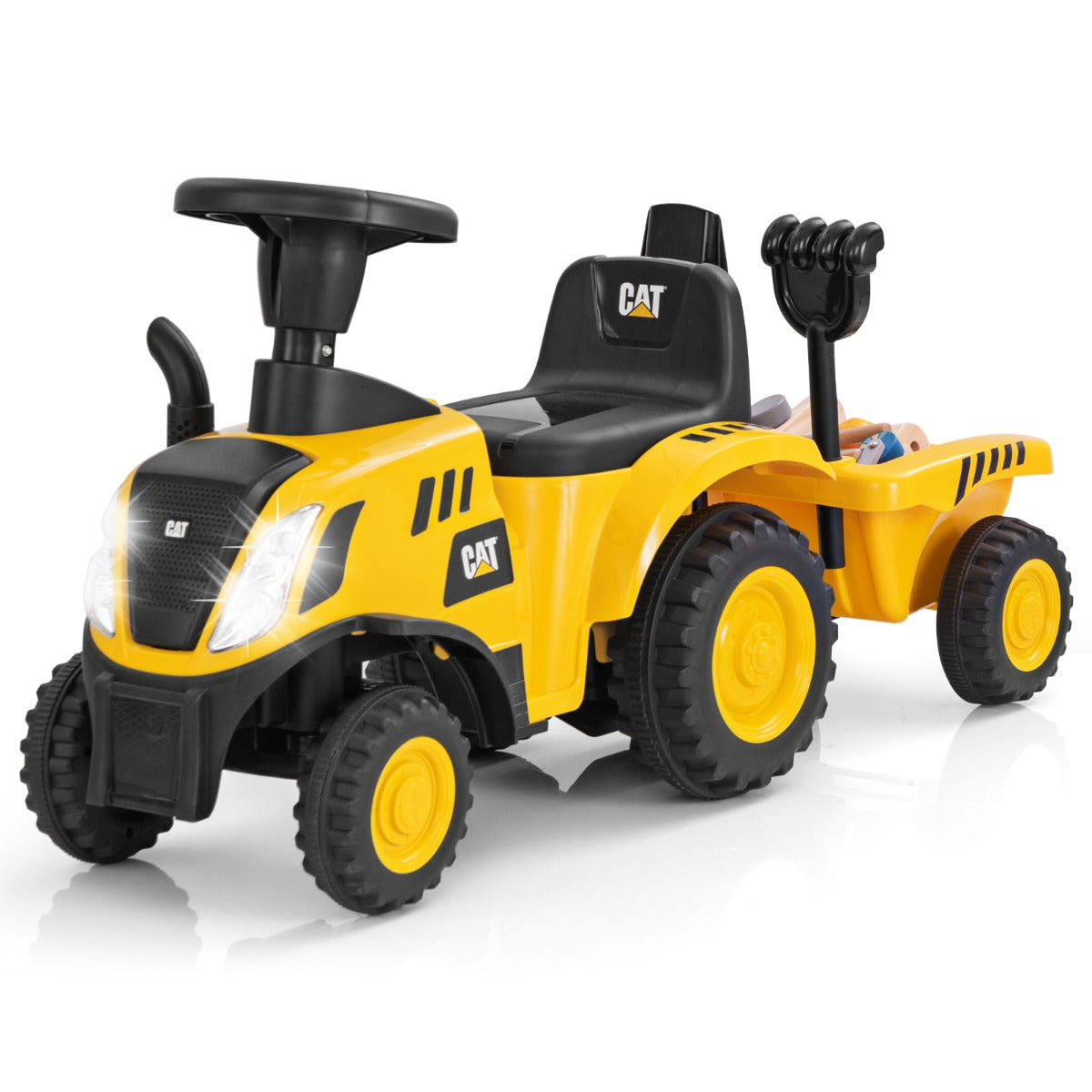 LIVSK Kindertractor met Caterpillar-licentie - Piep-geluiden en LED-verlichting - Inclusief aanhanger en strandgereedschap - Geel