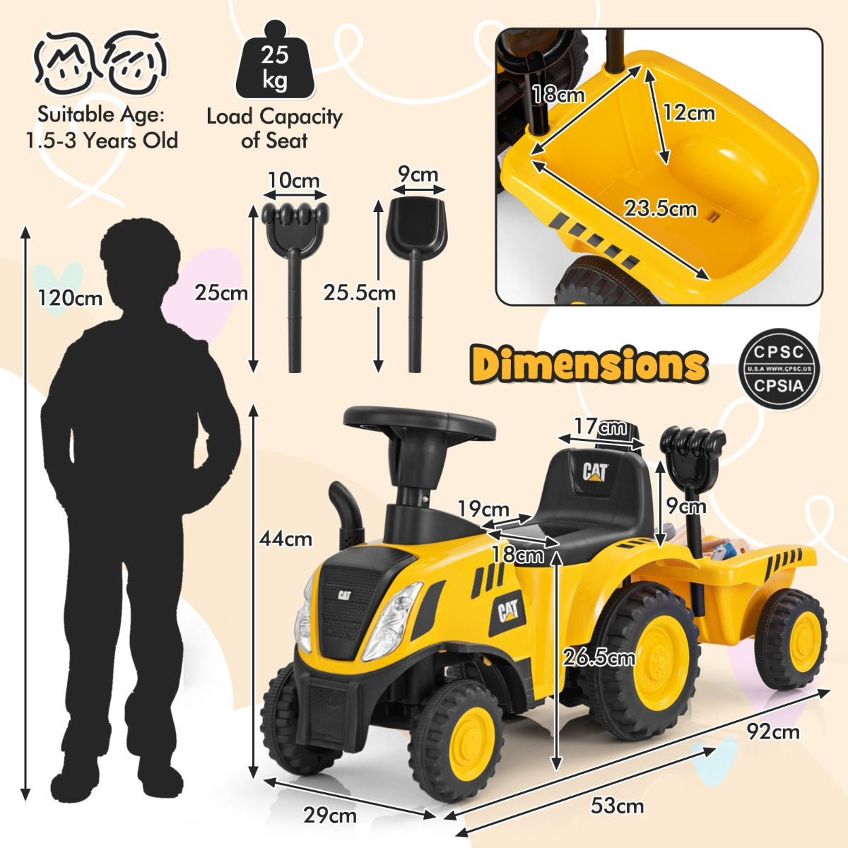 LIVSK Kindertractor met Caterpillar-licentie - Piep-geluiden en LED-verlichting - Inclusief aanhanger en strandgereedschap - Geel