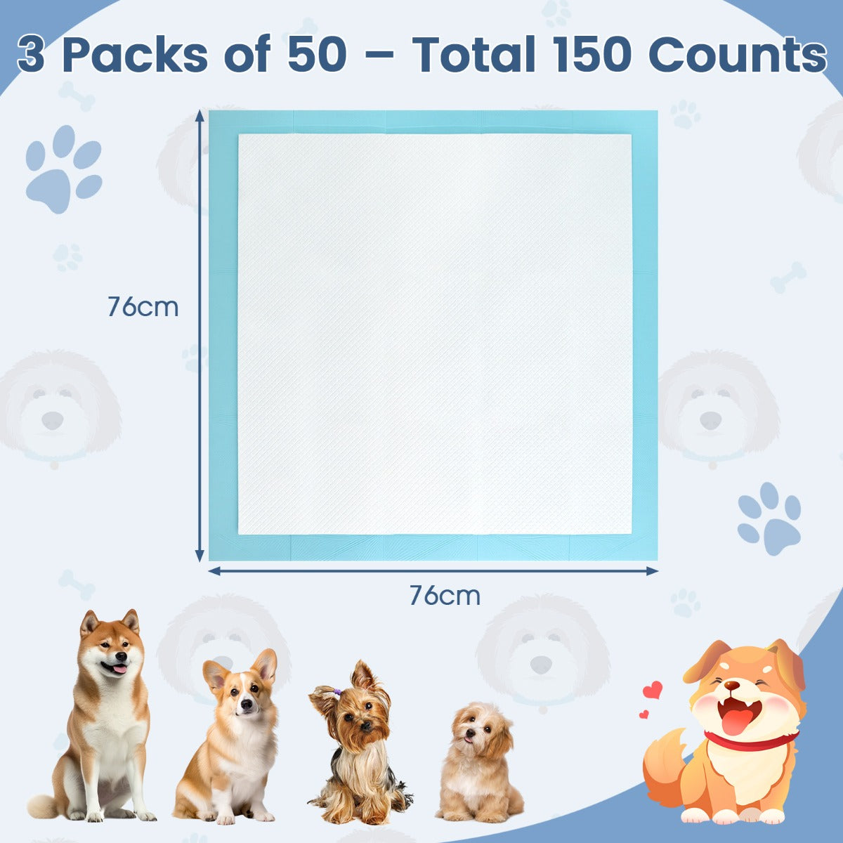 LIVSK Honden- en Puppy-Urinepads - 6-laags Ontwerp - Optimale Absorptie - 150 Stuks - 76 x 76 cm - Blauw+Wit