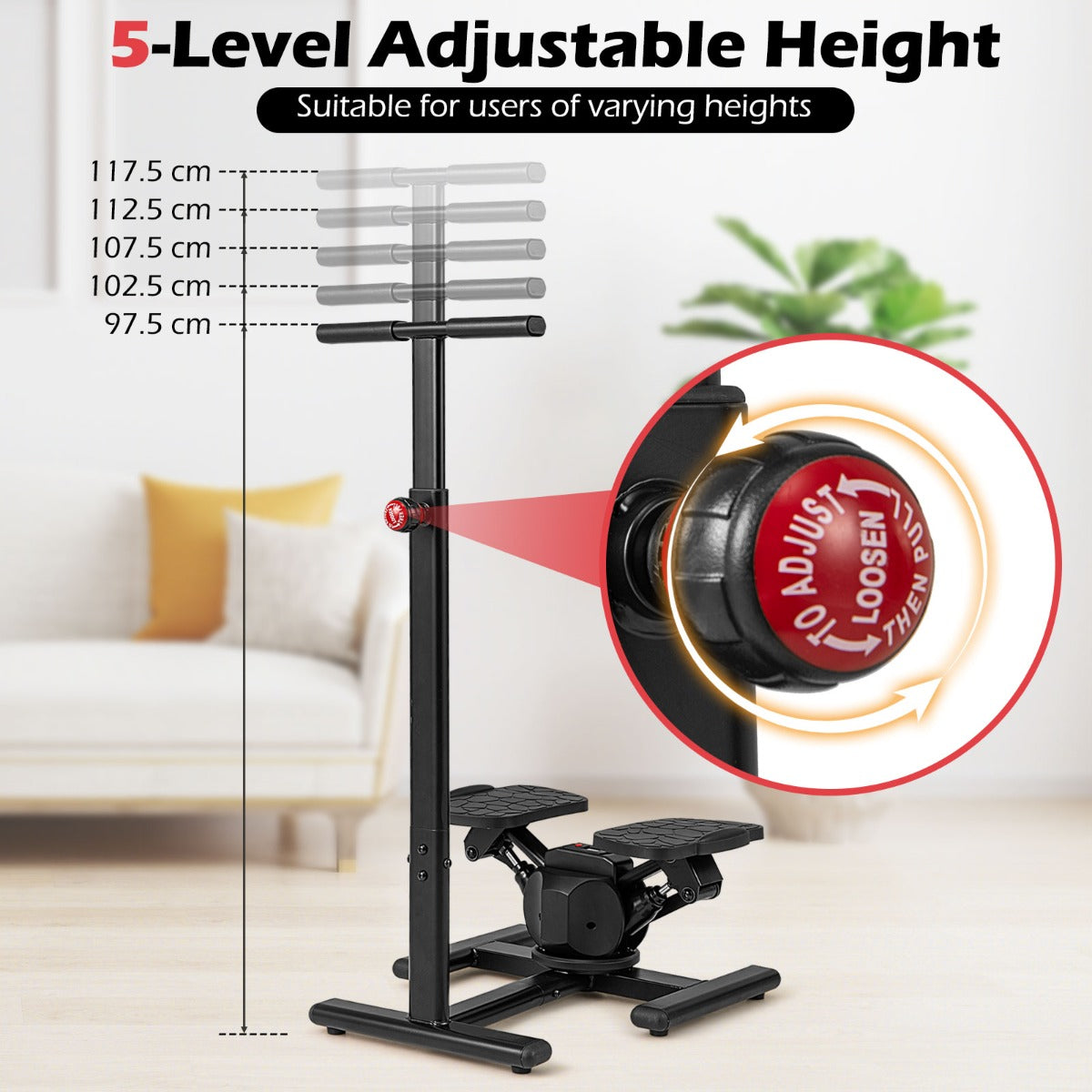 LIVSK Twist Stepper - 360° Draaibeweging - Verstelbaar Stuur - Hydraulische Weerstand - LCD-Display - Tot 136 kg - Zwart