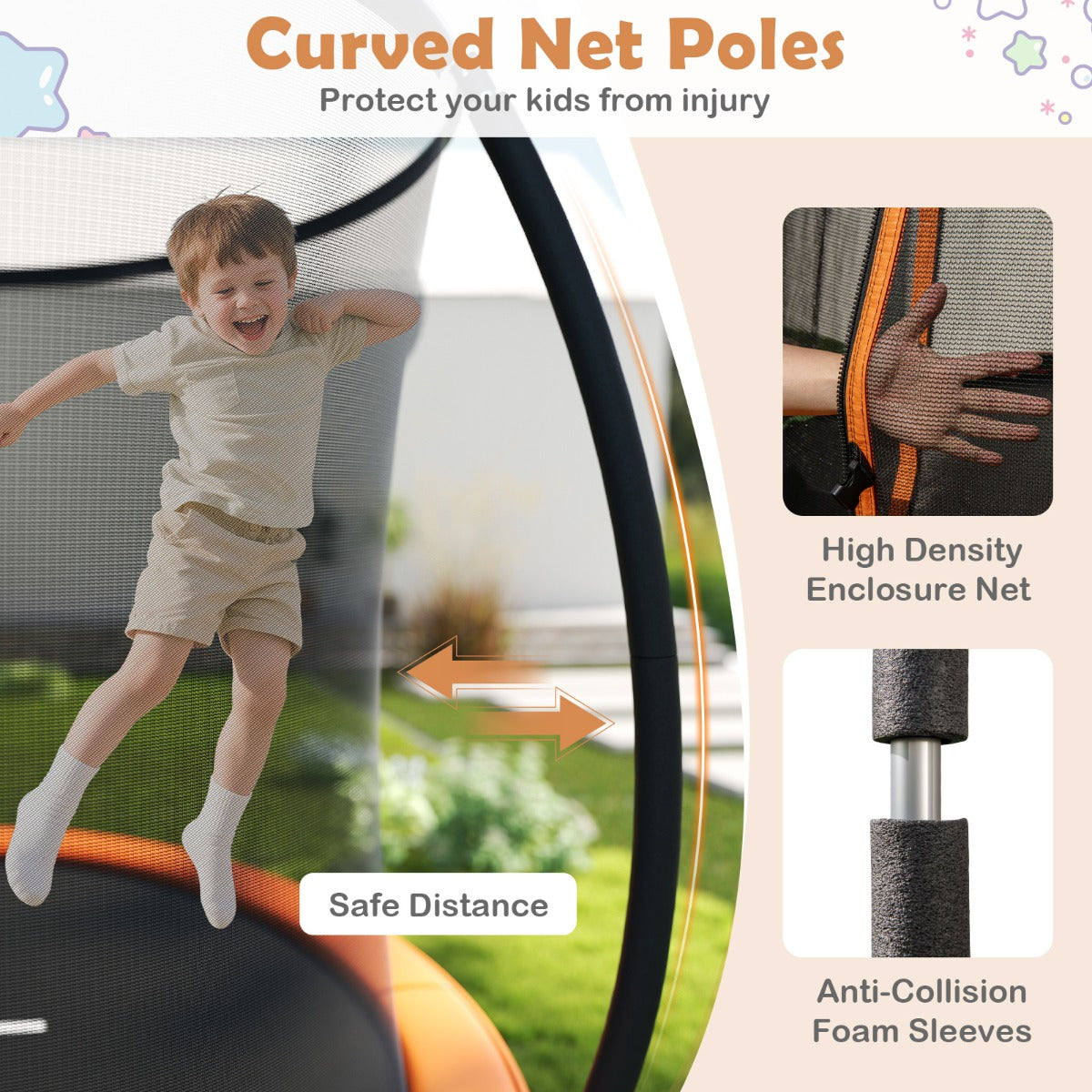LIVSK Tuintrampoline met Veiligheidsnet en Ladder - Ø244 cm - Gebogen Stangen voor Stabiliteit - Voor Kinderen 3+ - Oranje