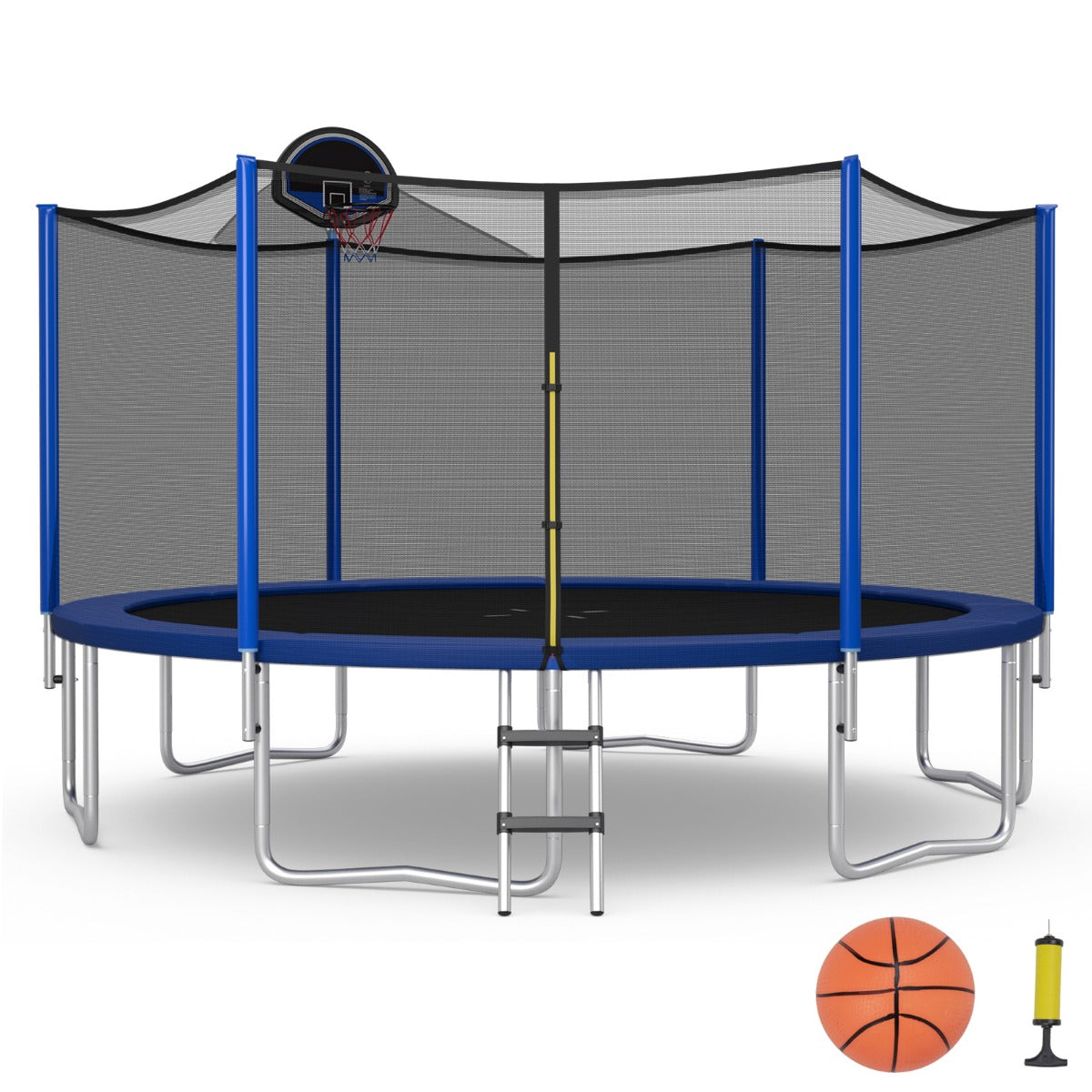 LIVSK Tuintrampoline met Basketbalring en Veiligheidsnet - Stabiel Stalen Frame - 72 Veren - 366 x 366 x 272 cm - Zwart + Blauw