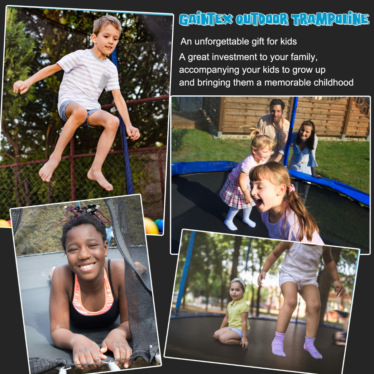 LIVSK Tuintrampoline met Basketbalring en Veiligheidsnet - Stabiel Stalen Frame - 72 Veren - 366 x 366 x 272 cm - Zwart + Blauw