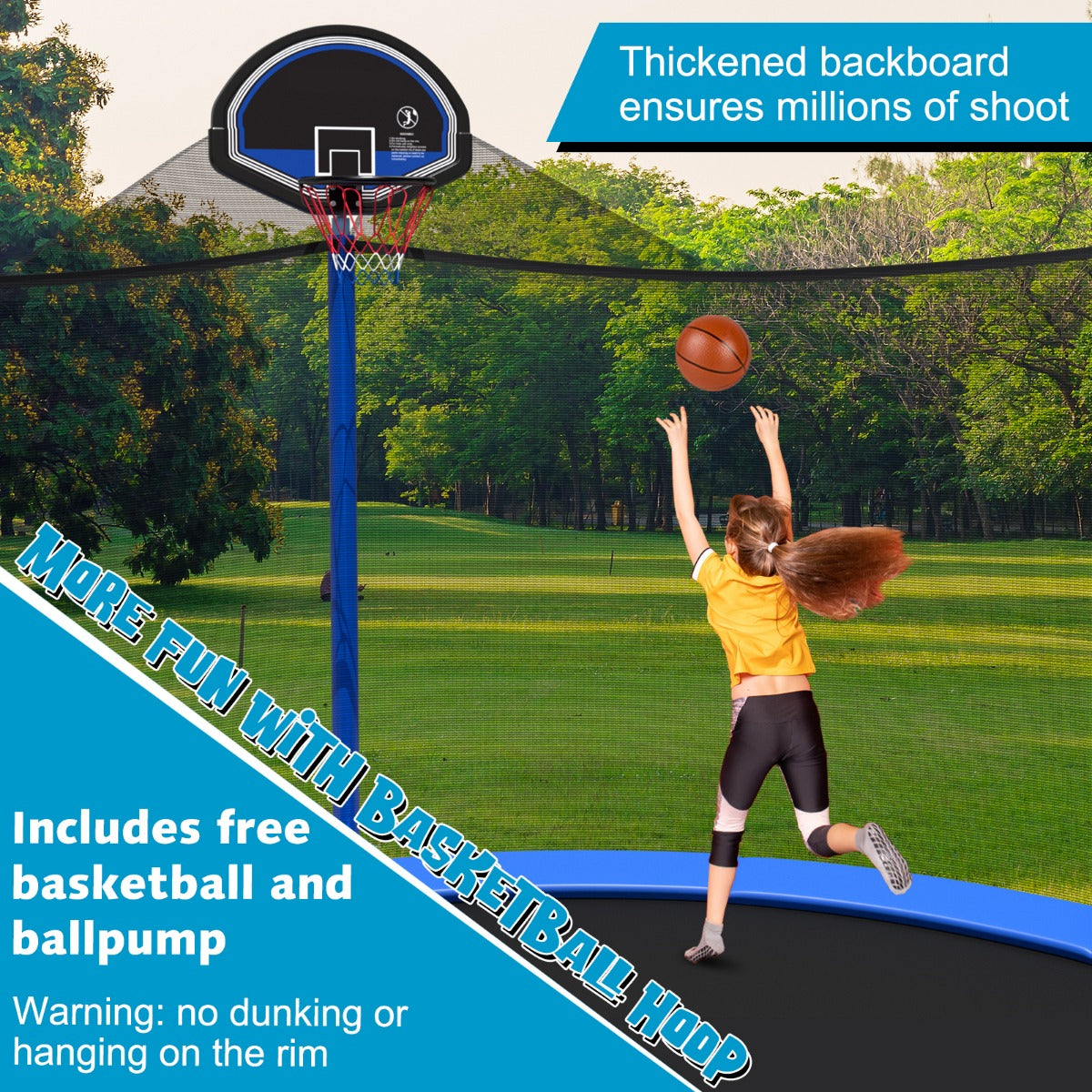 LIVSK Tuintrampoline met Basketbalring en Veiligheidsnet - Stabiel Stalen Frame - 72 Veren - 366 x 366 x 272 cm - Zwart + Blauw