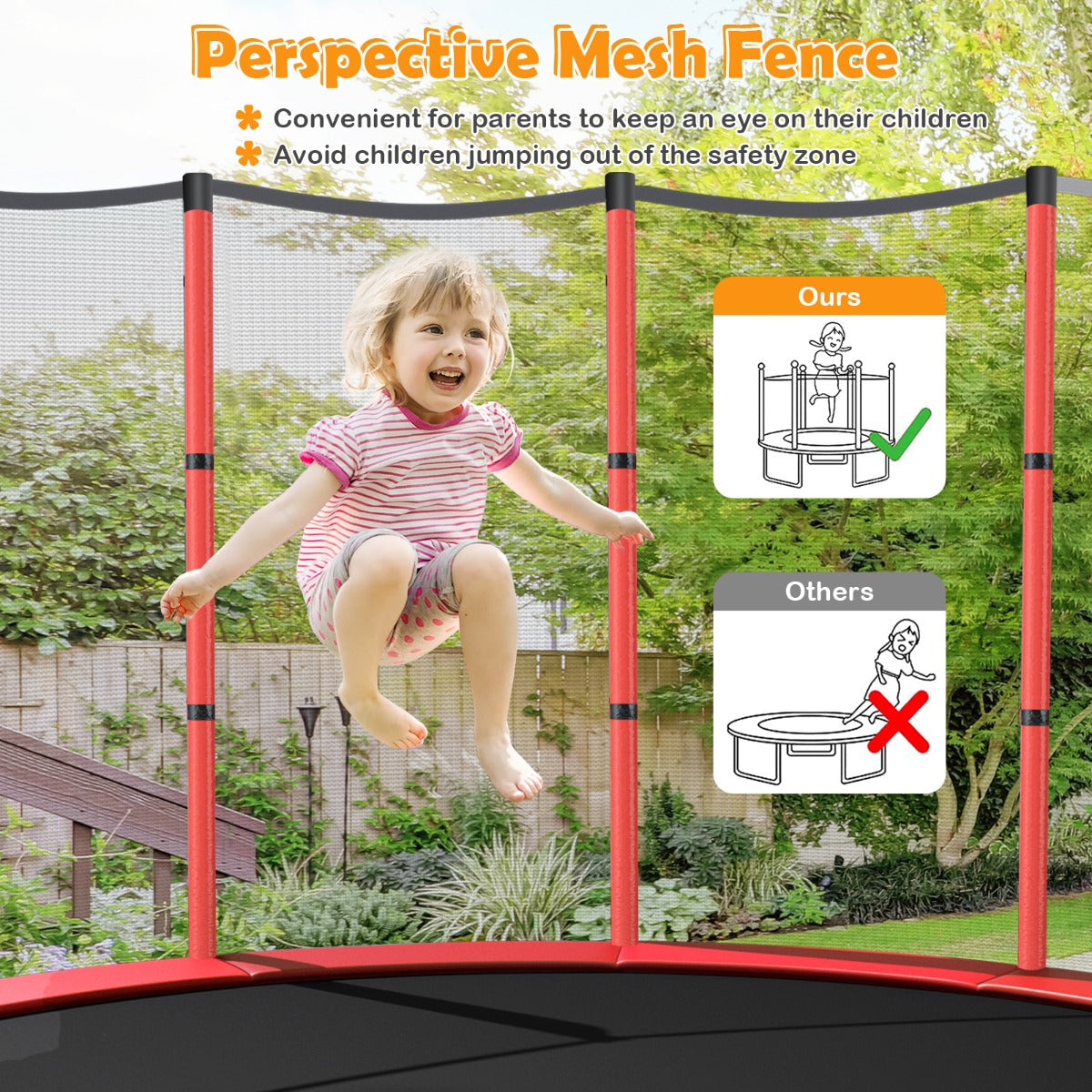 LIVSK Peutert trampoline - 360° veiligheidsnet - Stabiliteit met gebogen poten - Voor binnen en buiten - Tot 135 kg - Rood