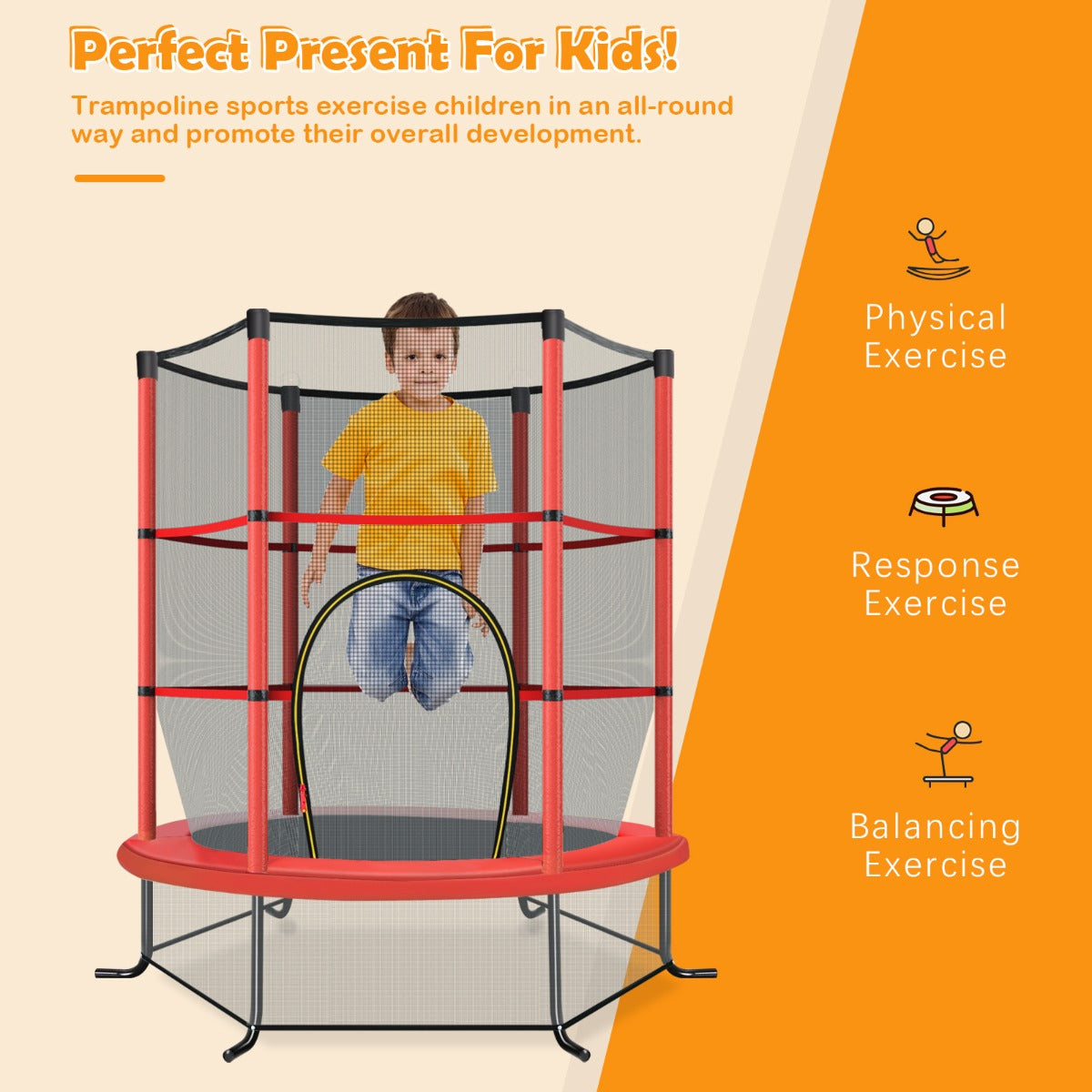 LIVSK Peutert trampoline - 360° veiligheidsnet - Stabiliteit met gebogen poten - Voor binnen en buiten - Tot 135 kg - Rood