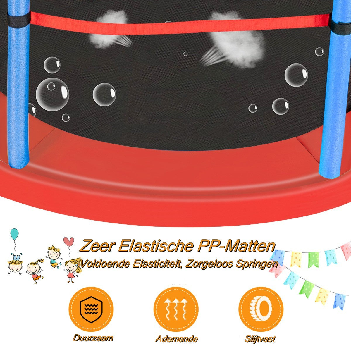 LIVSK Recreatieve Trampoline voor Kinderen - 360° Veiligheidsnet - Stabiele Gebogen Poten - 30 Hoge-elasticiteitstouwen -