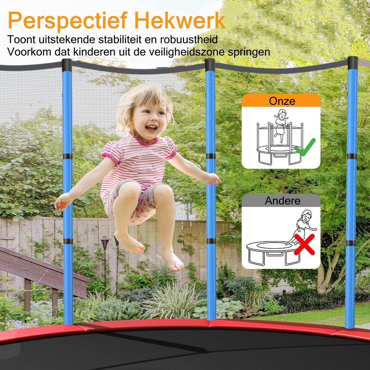 LIVSK Recreatieve Trampoline voor Kinderen - 360° Veiligheidsnet - Stabiele Gebogen Poten - 30 Hoge-elasticiteitstouwen -
