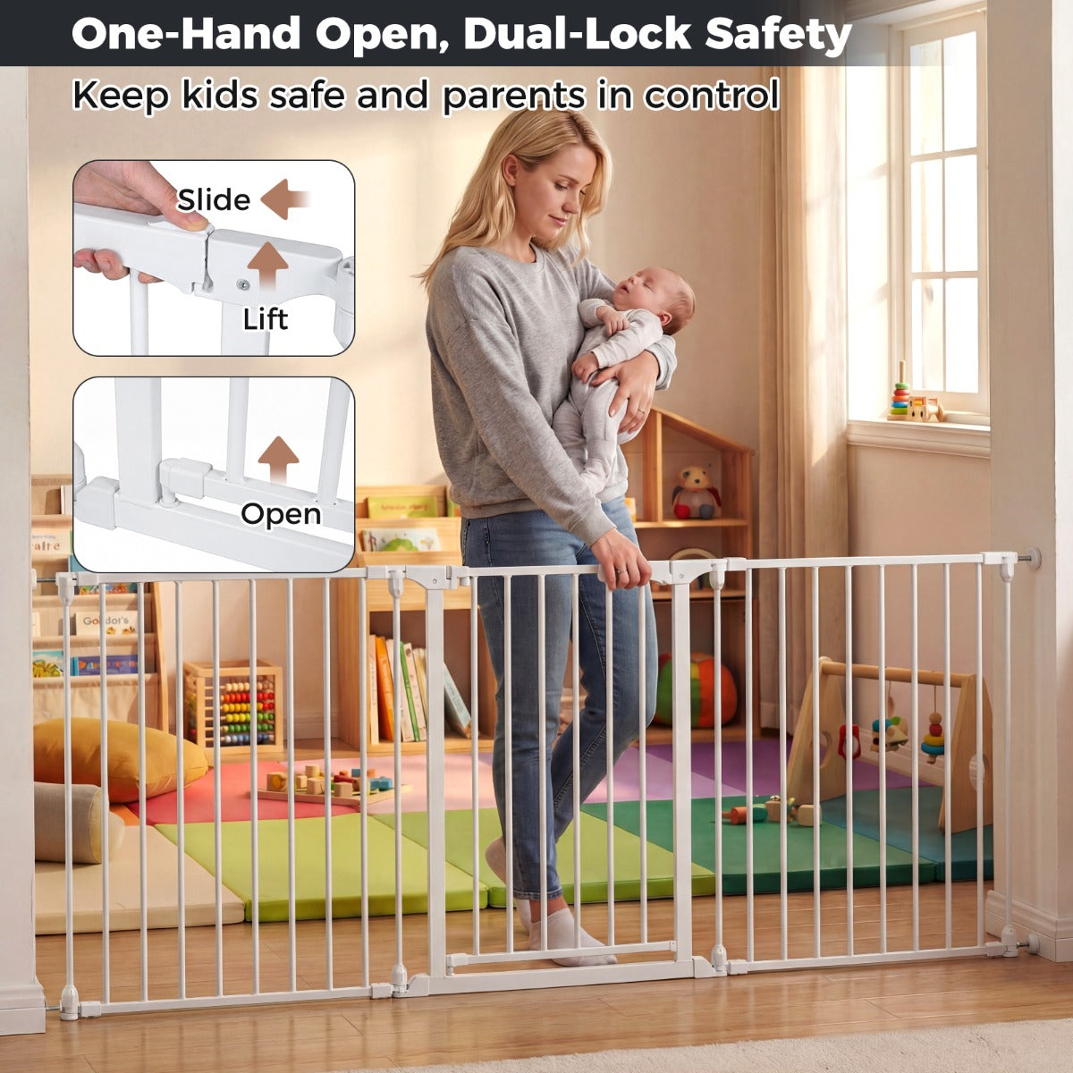 Livsk costway traphek voor babys veiligheidshek voor huisdieren met 3 panelen dubbele sluiting en opening in 2 richtingen stevig metalen kinderhek wit