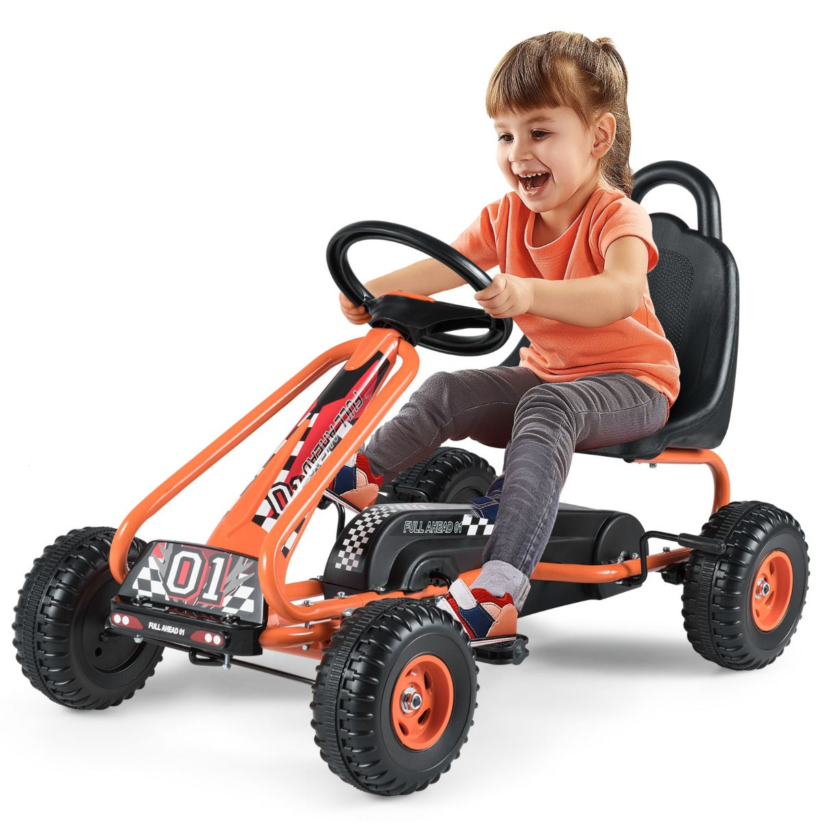 Livsk costway trapkar 4 wiel aandrijving met pedalen en verstelbare stoel handrem en antislip wielen buiten rijdende trapauto voor jongens en meisjes oranje 1 1