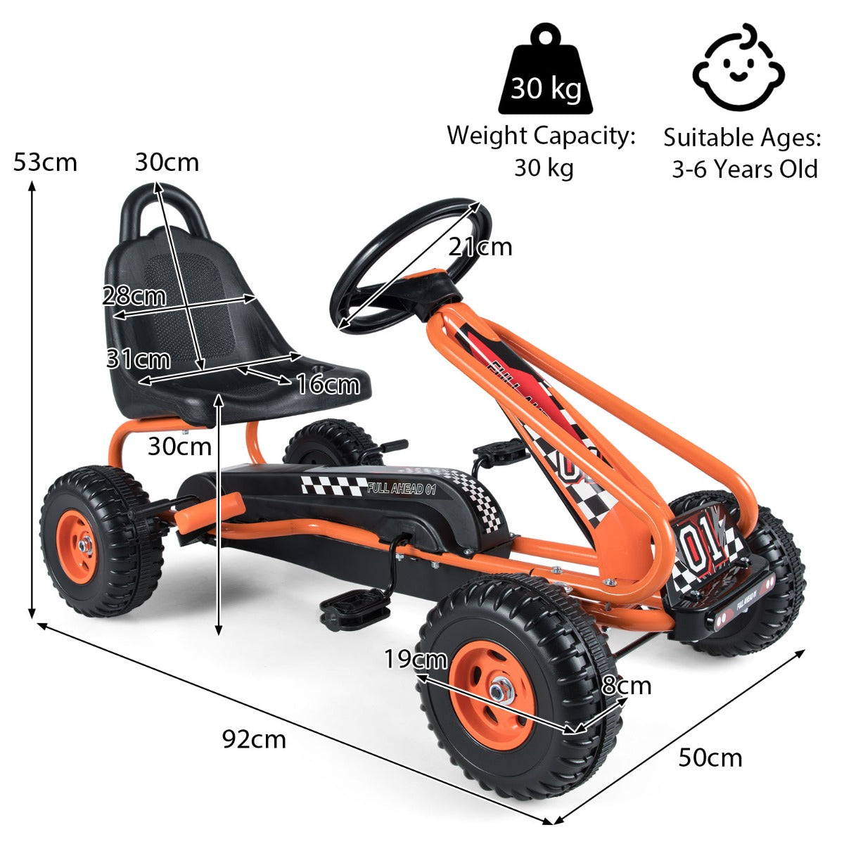 Livsk costway trapkar 4 wiel aandrijving met pedalen en verstelbare stoel handrem en antislip wielen buiten rijdende trapauto voor jongens en meisjes oranje 2