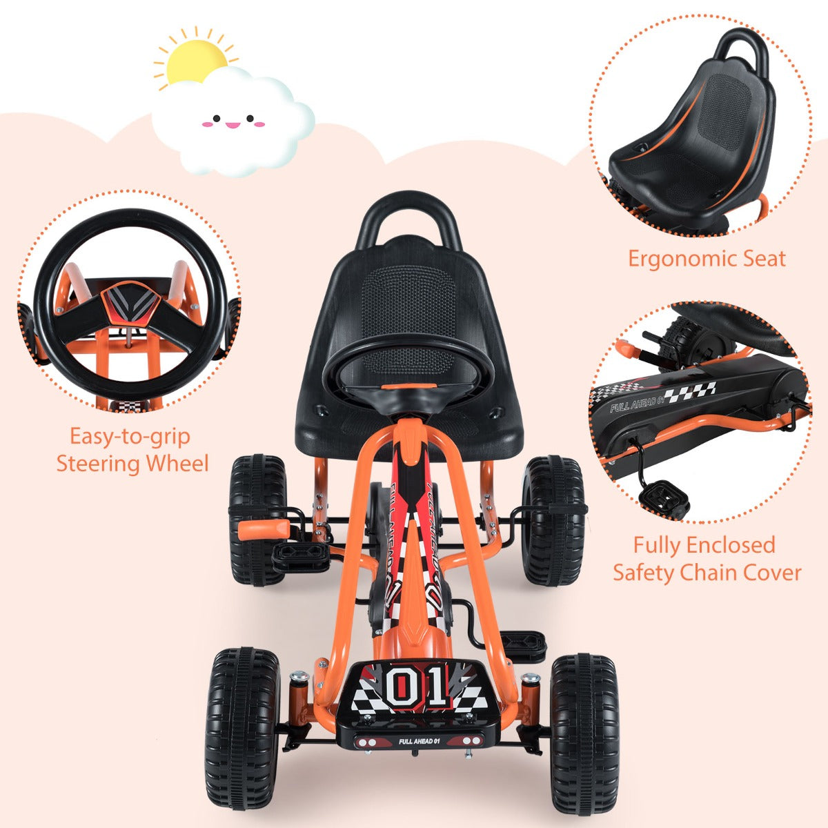 Livsk costway trapkar 4 wiel aandrijving met pedalen en verstelbare stoel handrem en antislip wielen buiten rijdende trapauto voor jongens en meisjes oranje 3
