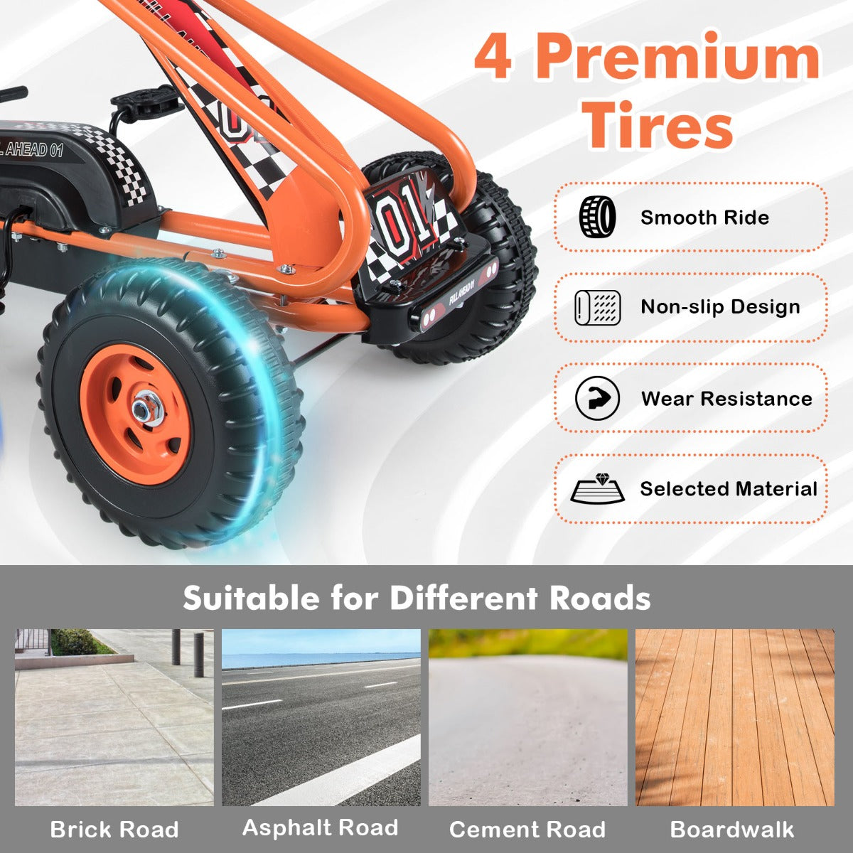 Livsk costway trapkar 4 wiel aandrijving met pedalen en verstelbare stoel handrem en antislip wielen buiten rijdende trapauto voor jongens en meisjes oranje 4